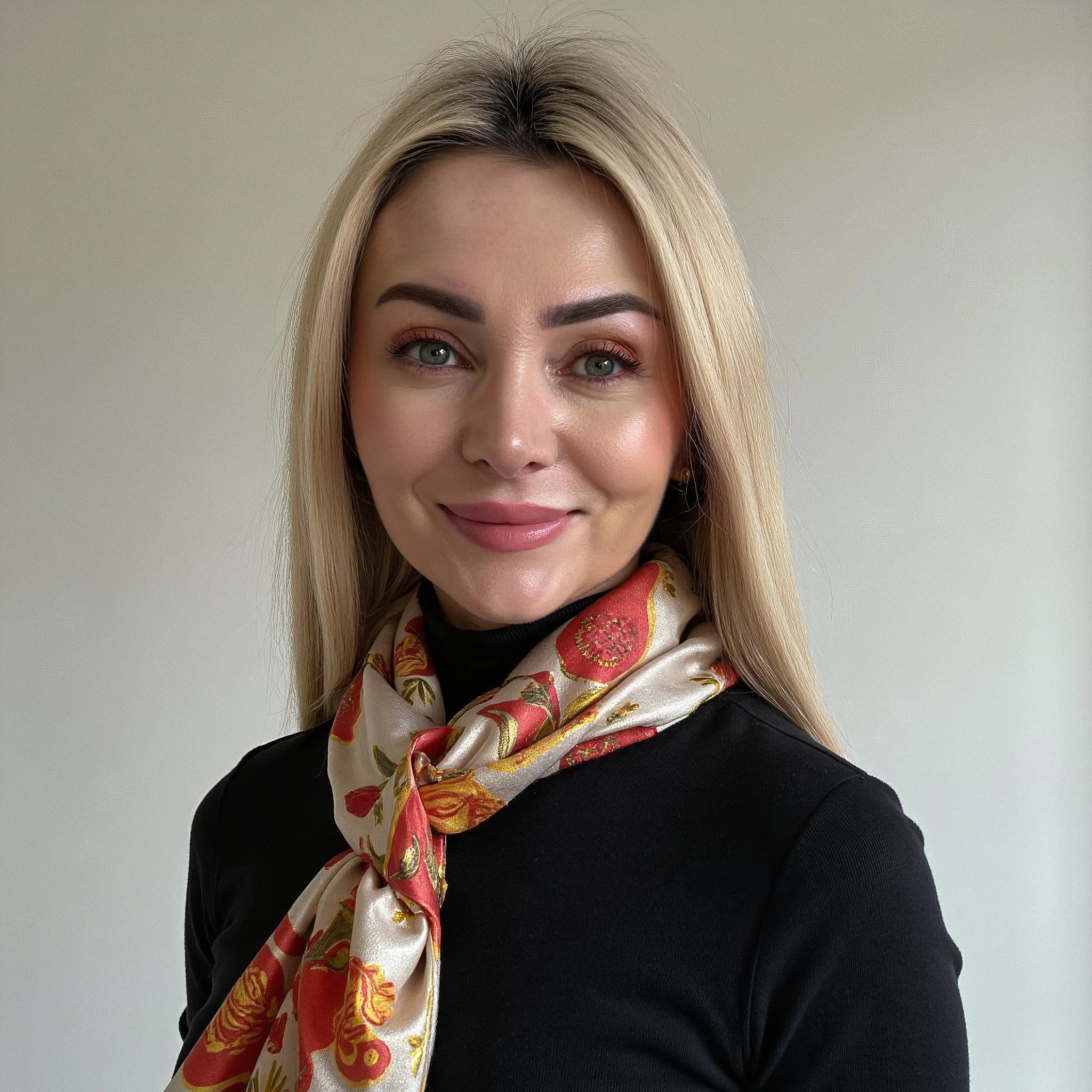 Professional headshot example: Woman Indoor Black Top Scarf Smiling — LinkedInHeadshots.ai