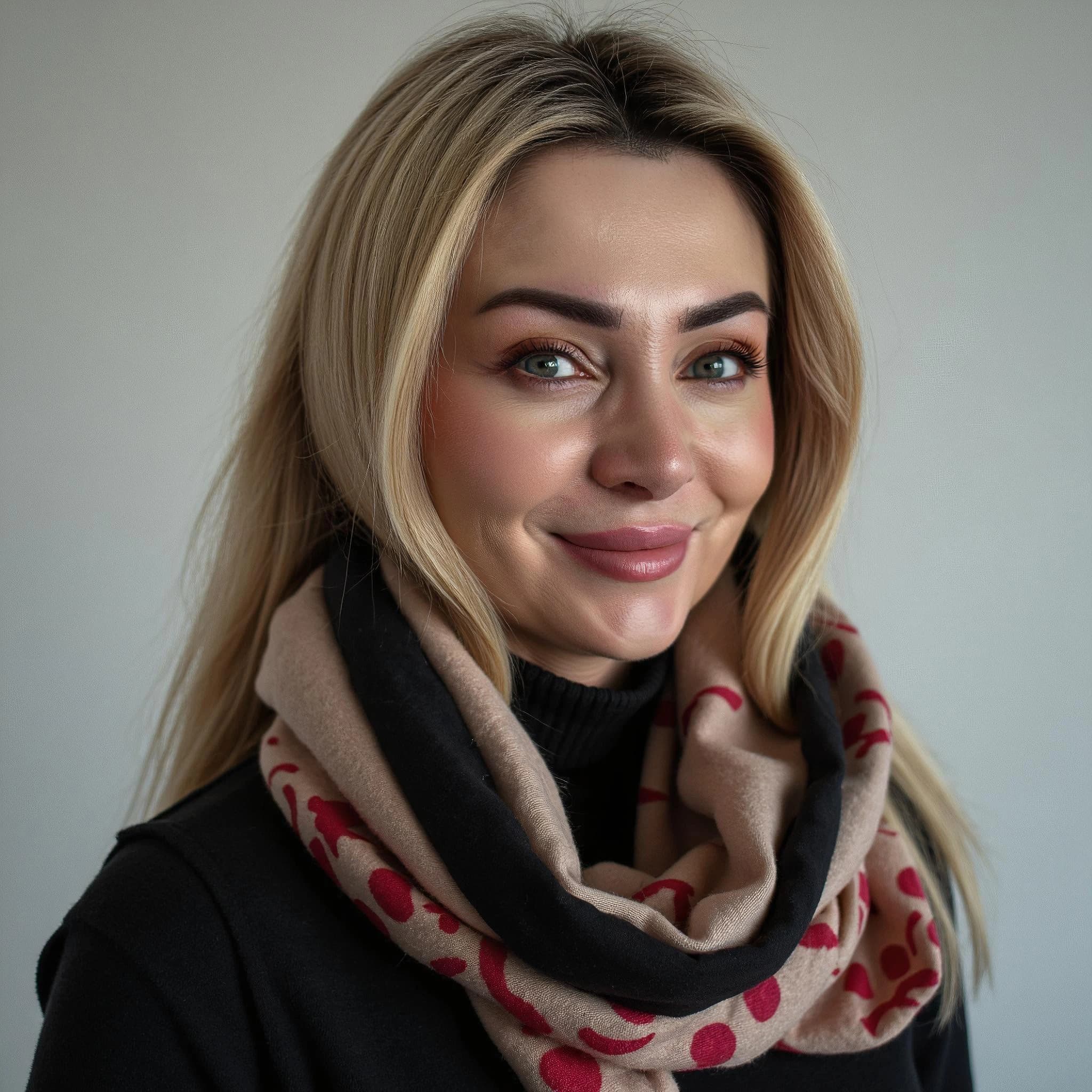 Professional headshot example: Woman Indoor Black Top Scarf Smiling 2 — LinkedInHeadshots.ai