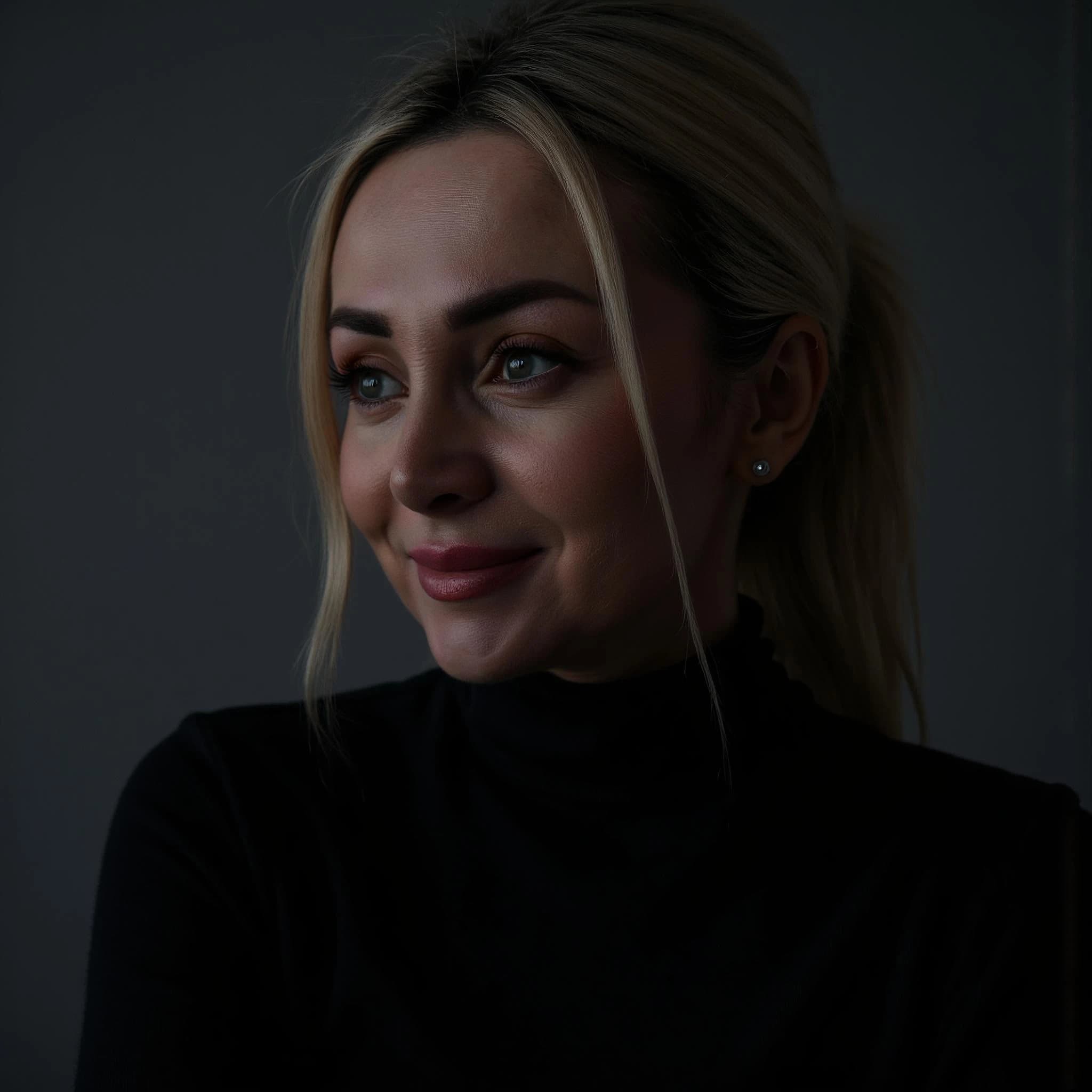 Professional headshot example: Woman Indoor Black Top Smiling 7 — LinkedInHeadshots.ai