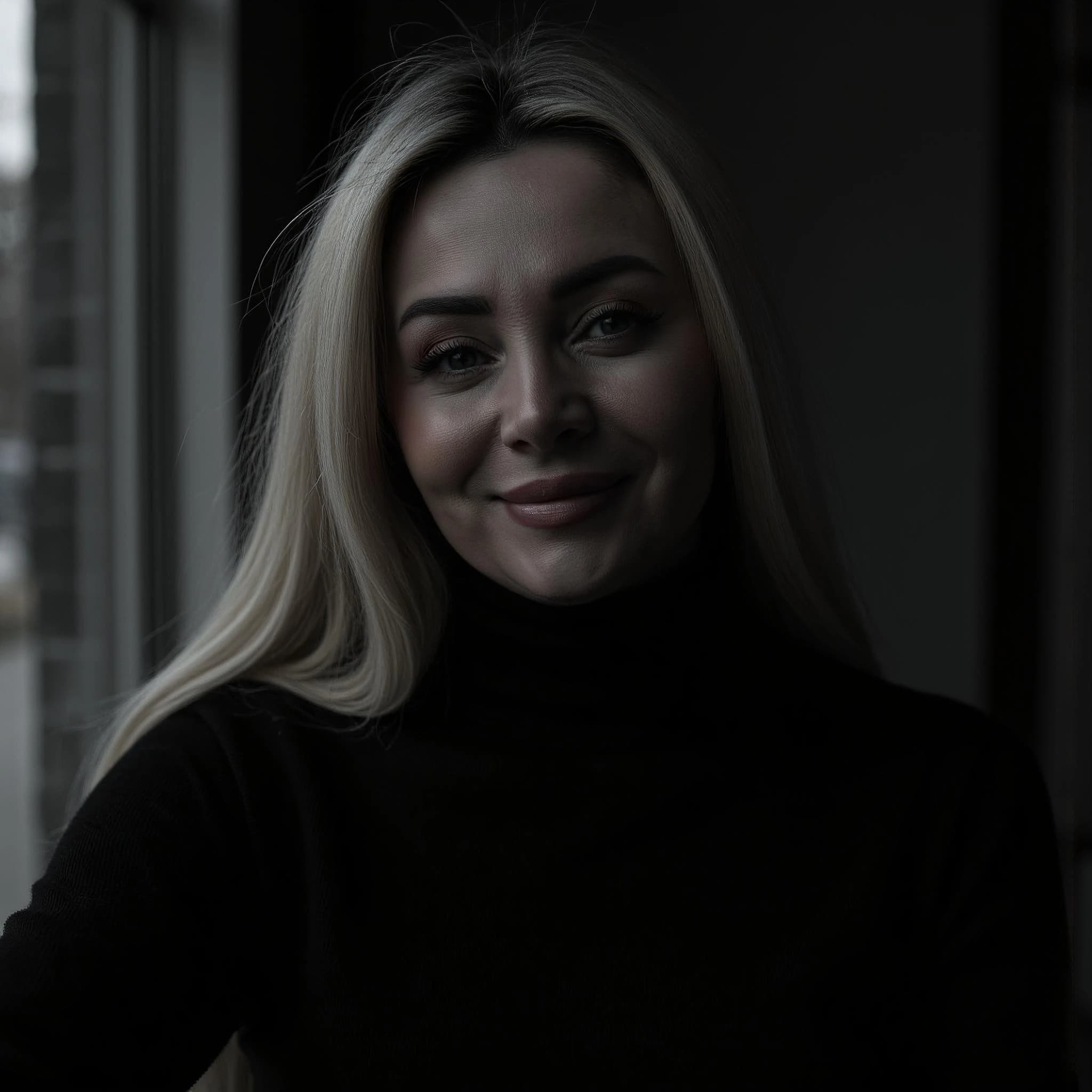 Professional headshot example: Woman Indoor Black Turtleneck Smiling — LinkedInHeadshots.ai