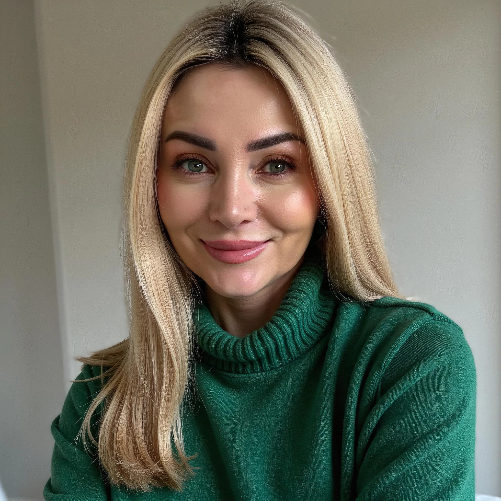 Professional headshot example: Woman Indoor Green Sweater Smiling 2 — LinkedInHeadshots.ai
