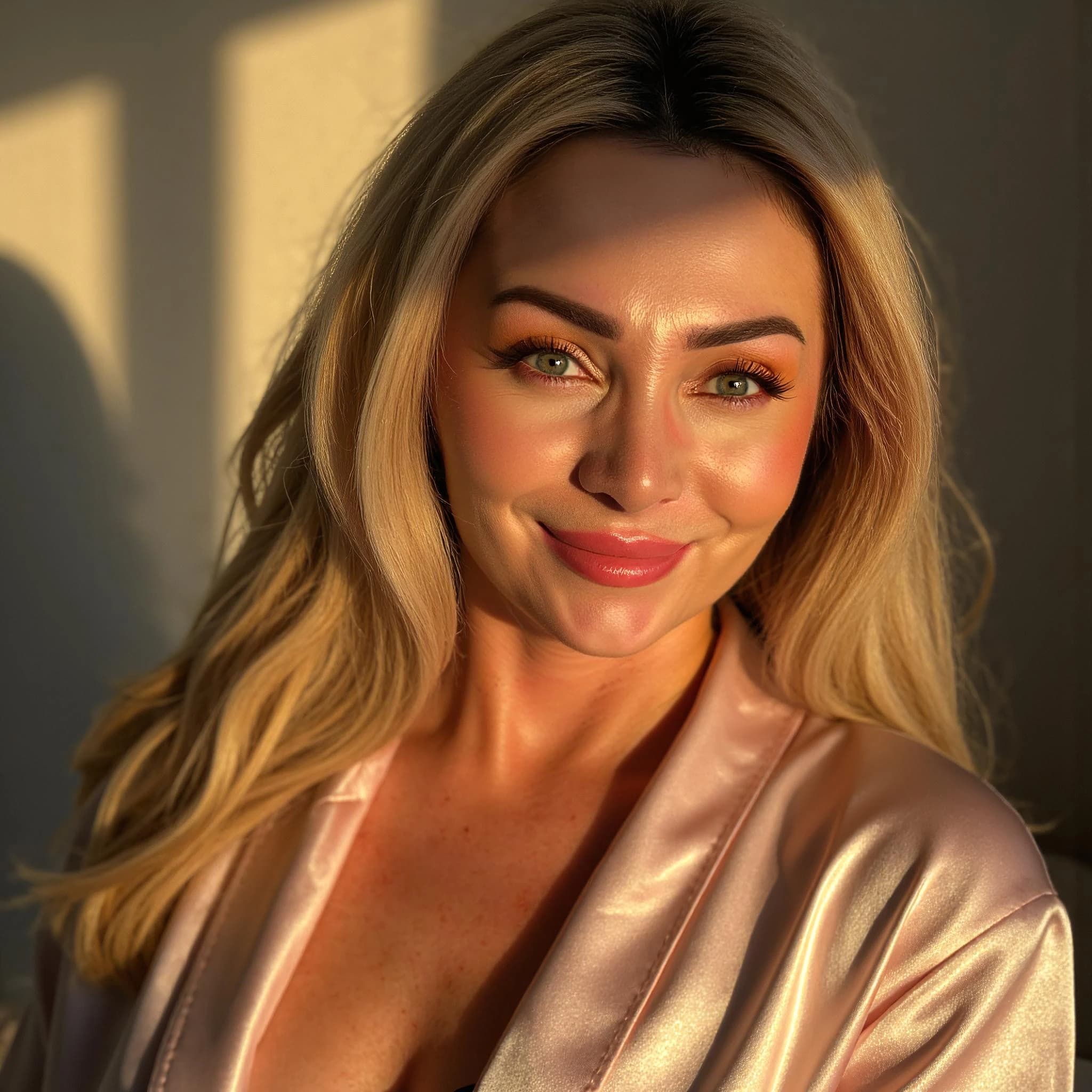 Professional headshot example: Woman Indoor Pink Robe Smiling — LinkedInHeadshots.ai