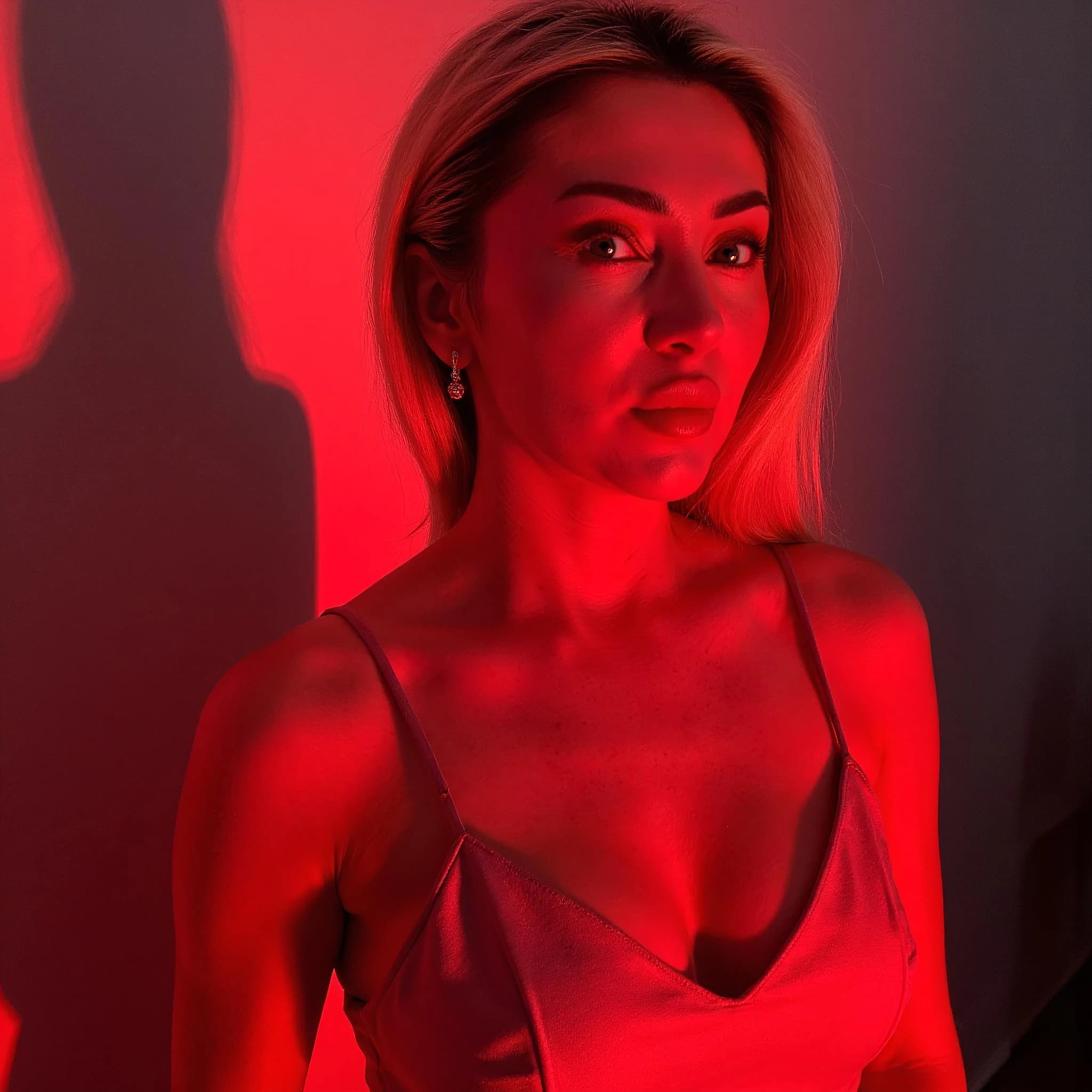 Professional headshot example: Woman Indoor Red Light Staring — LinkedInHeadshots.ai