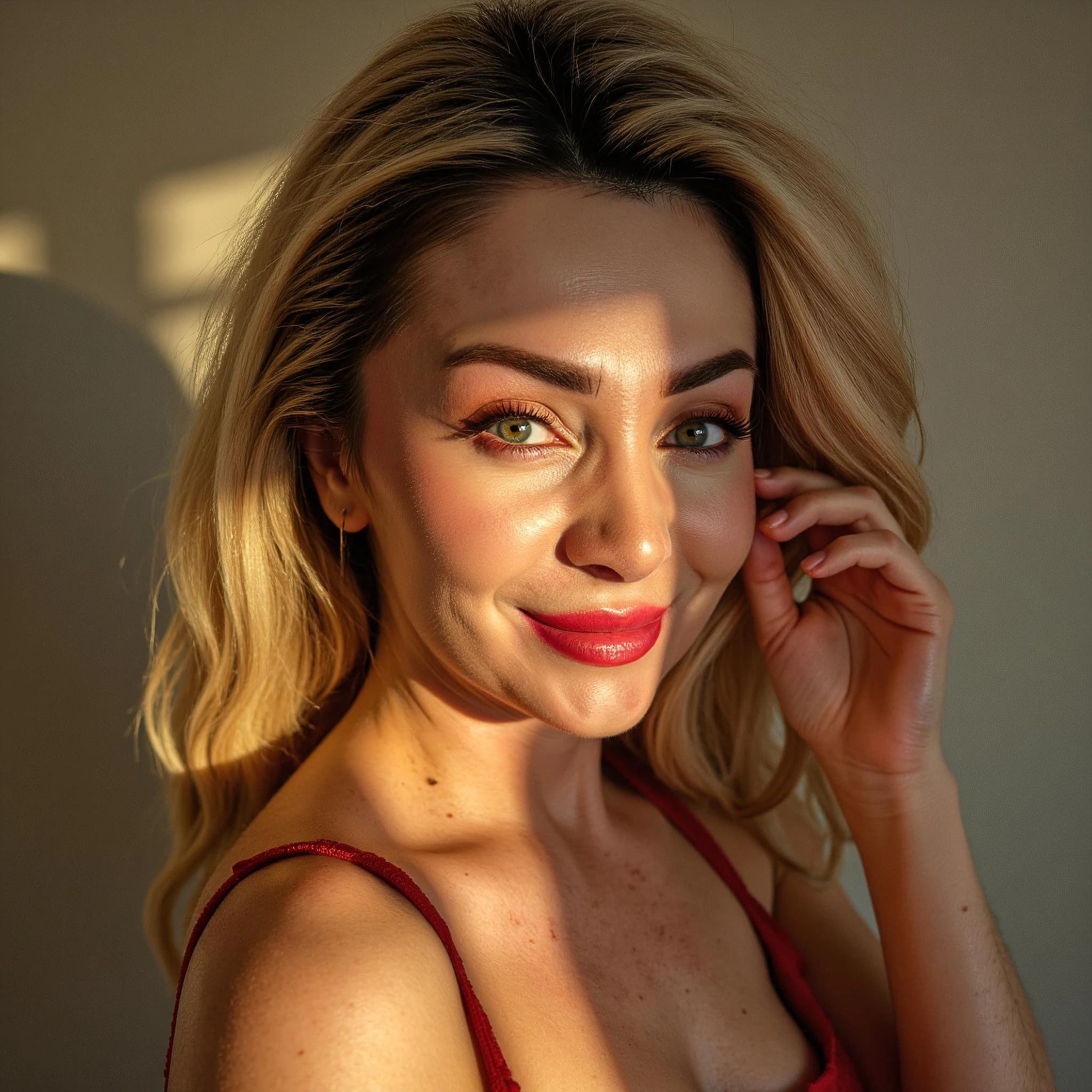 Professional headshot example: Woman Indoor Red Top Smiling — LinkedInHeadshots.ai