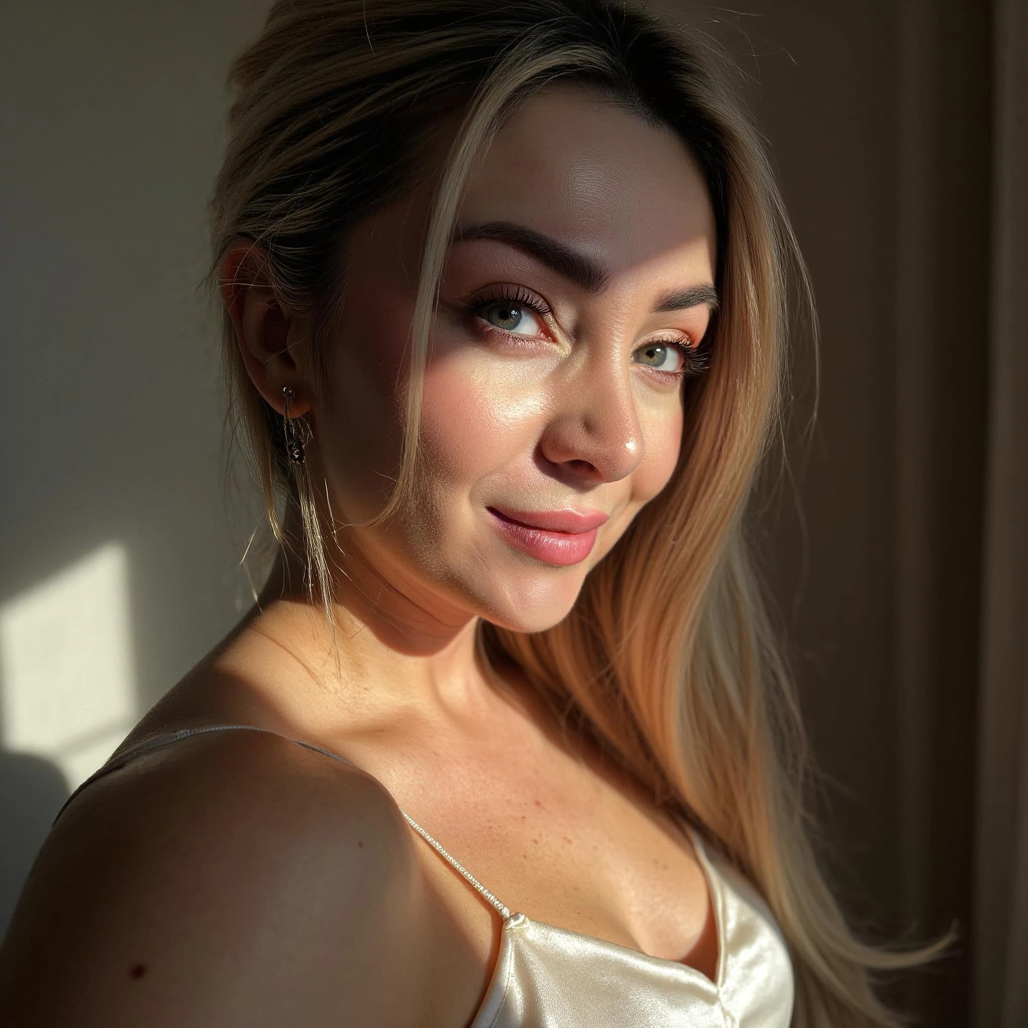 Professional headshot example: Woman Indoor Satin Top Smiling — LinkedInHeadshots.ai