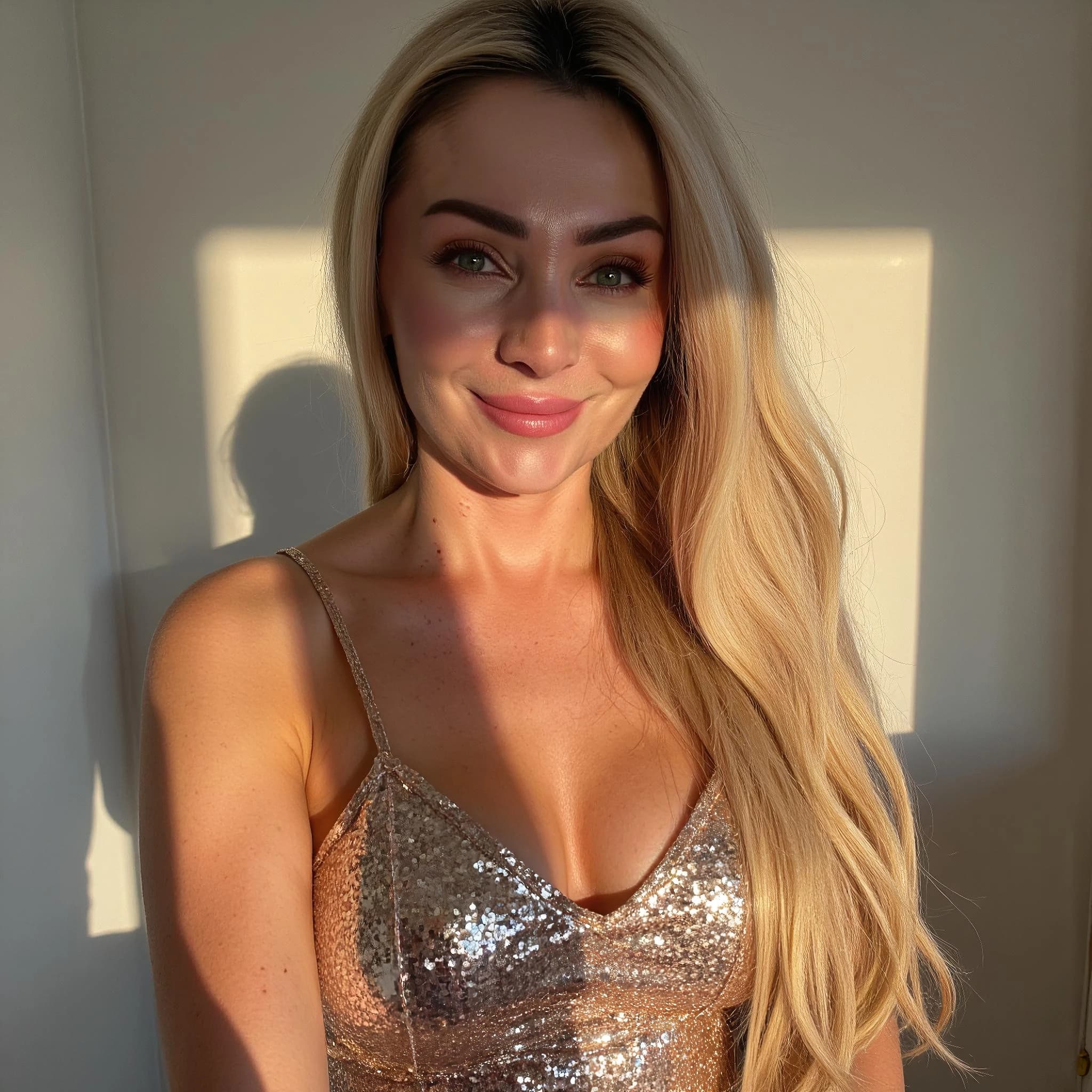 Professional headshot example: Woman Indoor Sequin Dress Smiling — LinkedInHeadshots.ai