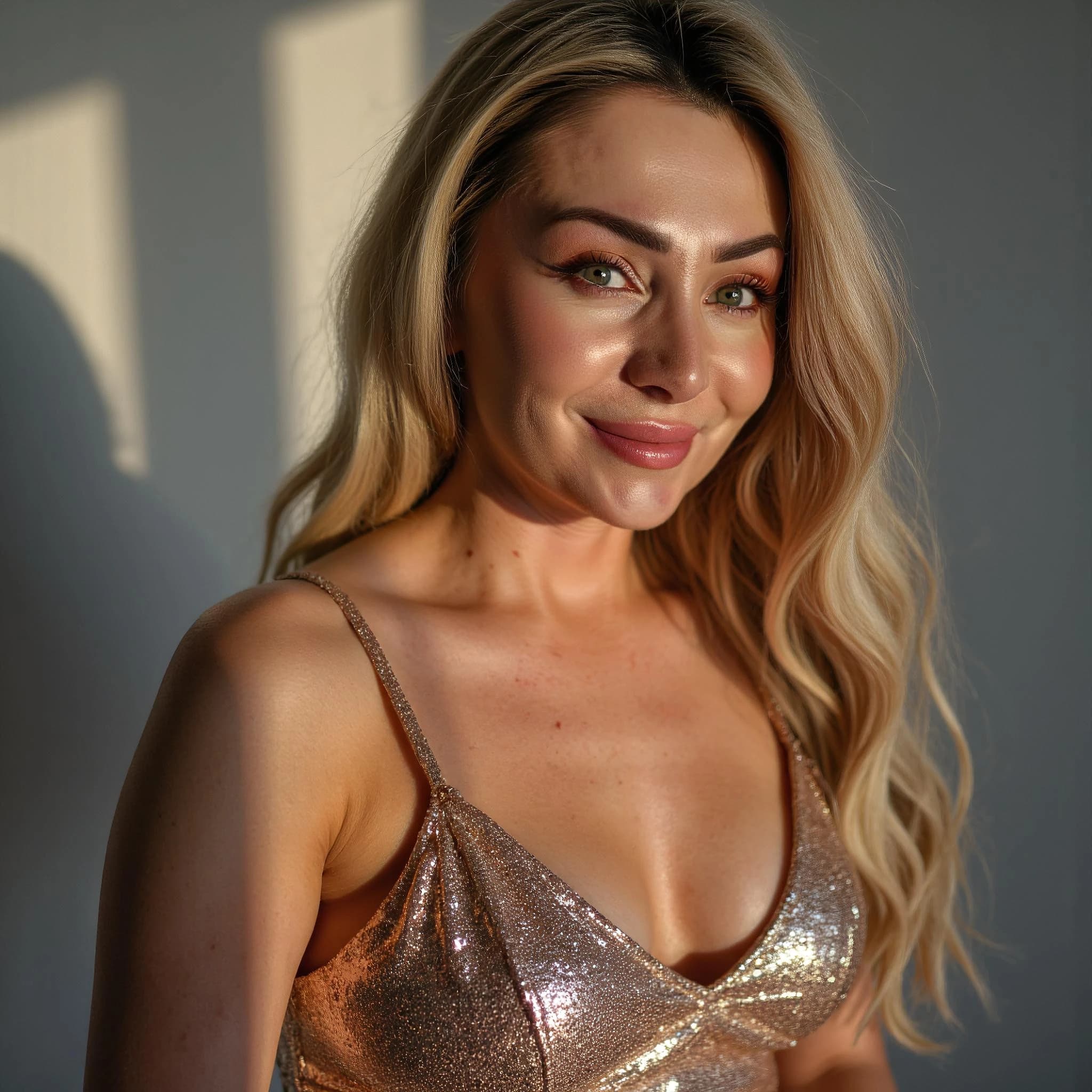 Professional headshot example: Woman Indoor Sparkly Dress Smiling 2 — LinkedInHeadshots.ai