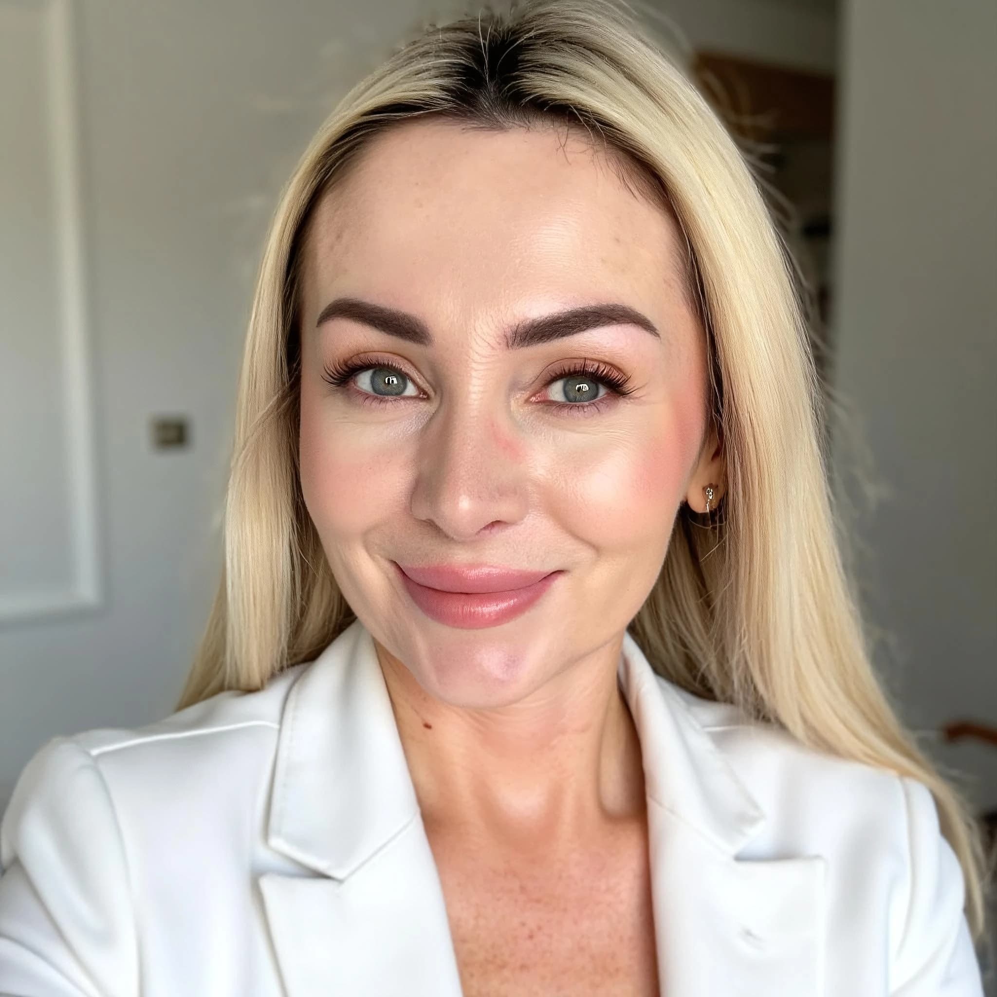 Professional headshot example: Woman Indoor White Jacket Smiling — LinkedInHeadshots.ai