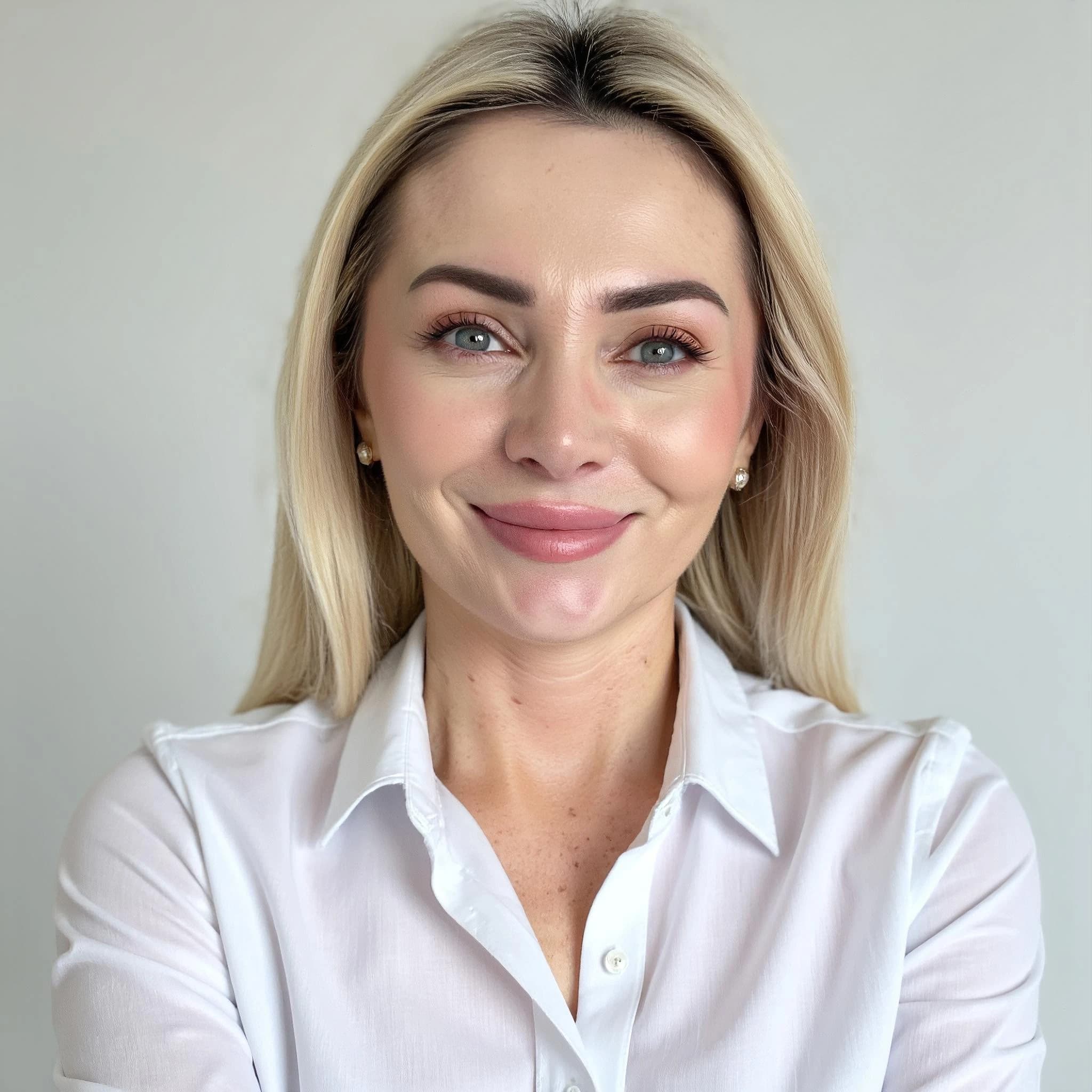 Professional headshot example: Woman Indoor White Shirt Smiling 3 — LinkedInHeadshots.ai