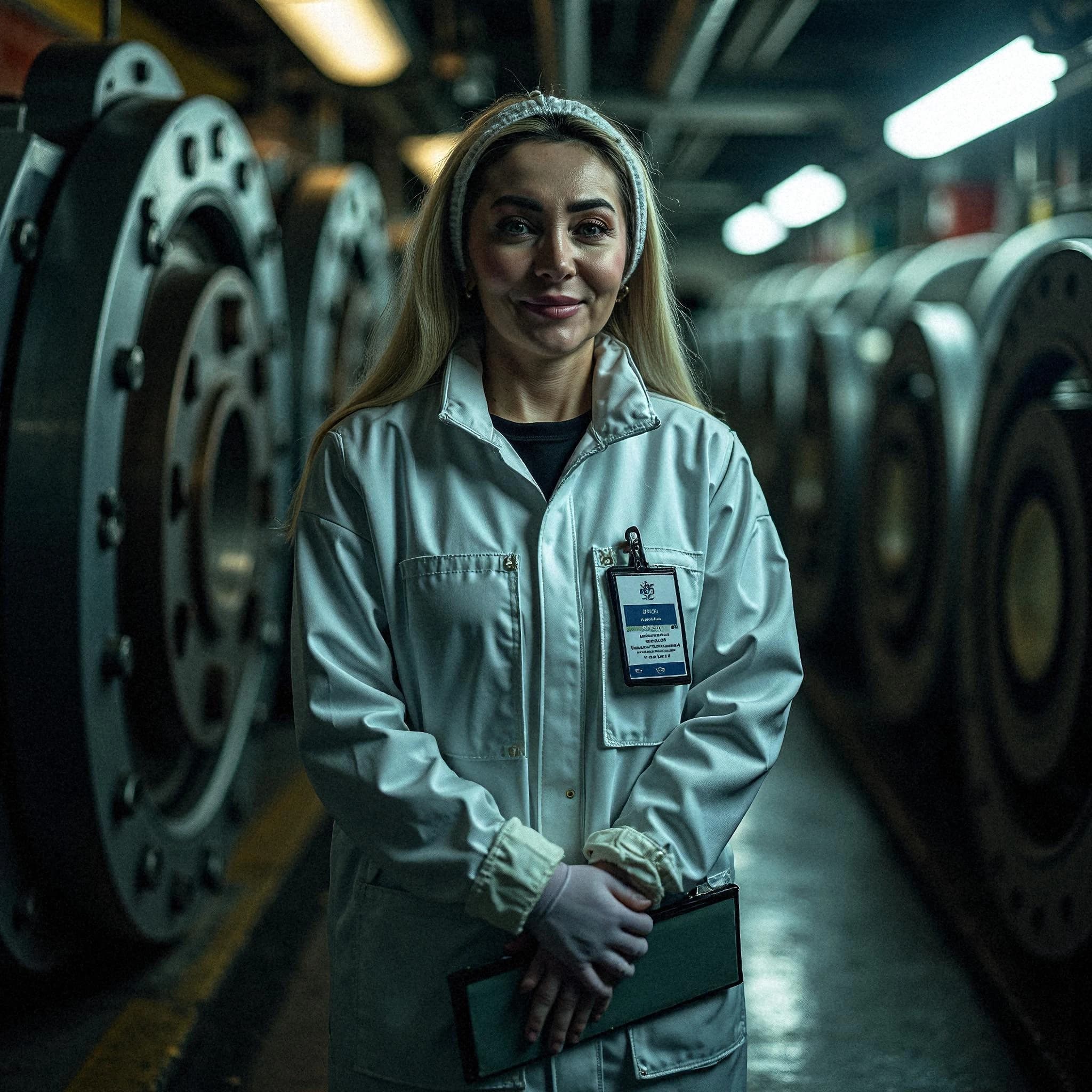 Professional headshot example: Woman Industrial Labcoat Holding Tablet — LinkedInHeadshots.ai