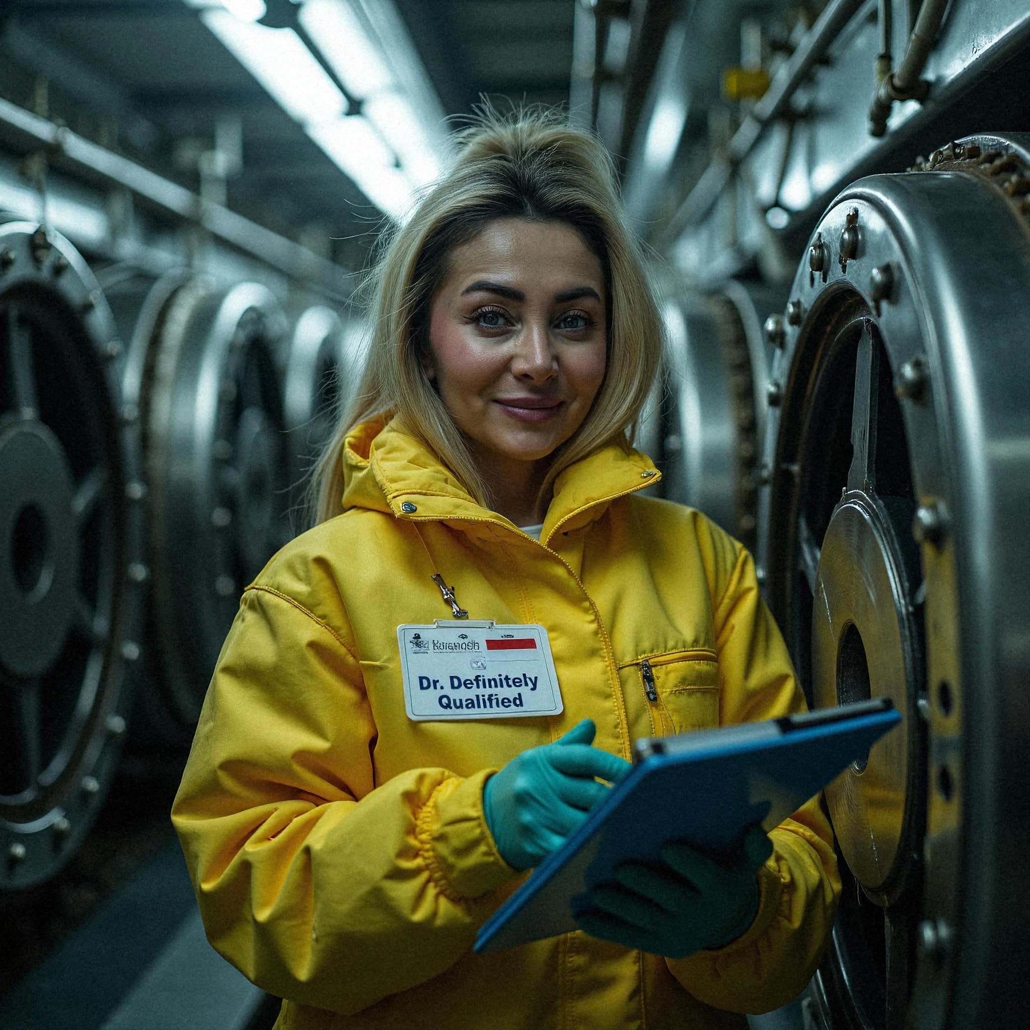 Professional headshot example: Woman Industrial Yellow Jacket Writing — LinkedInHeadshots.ai