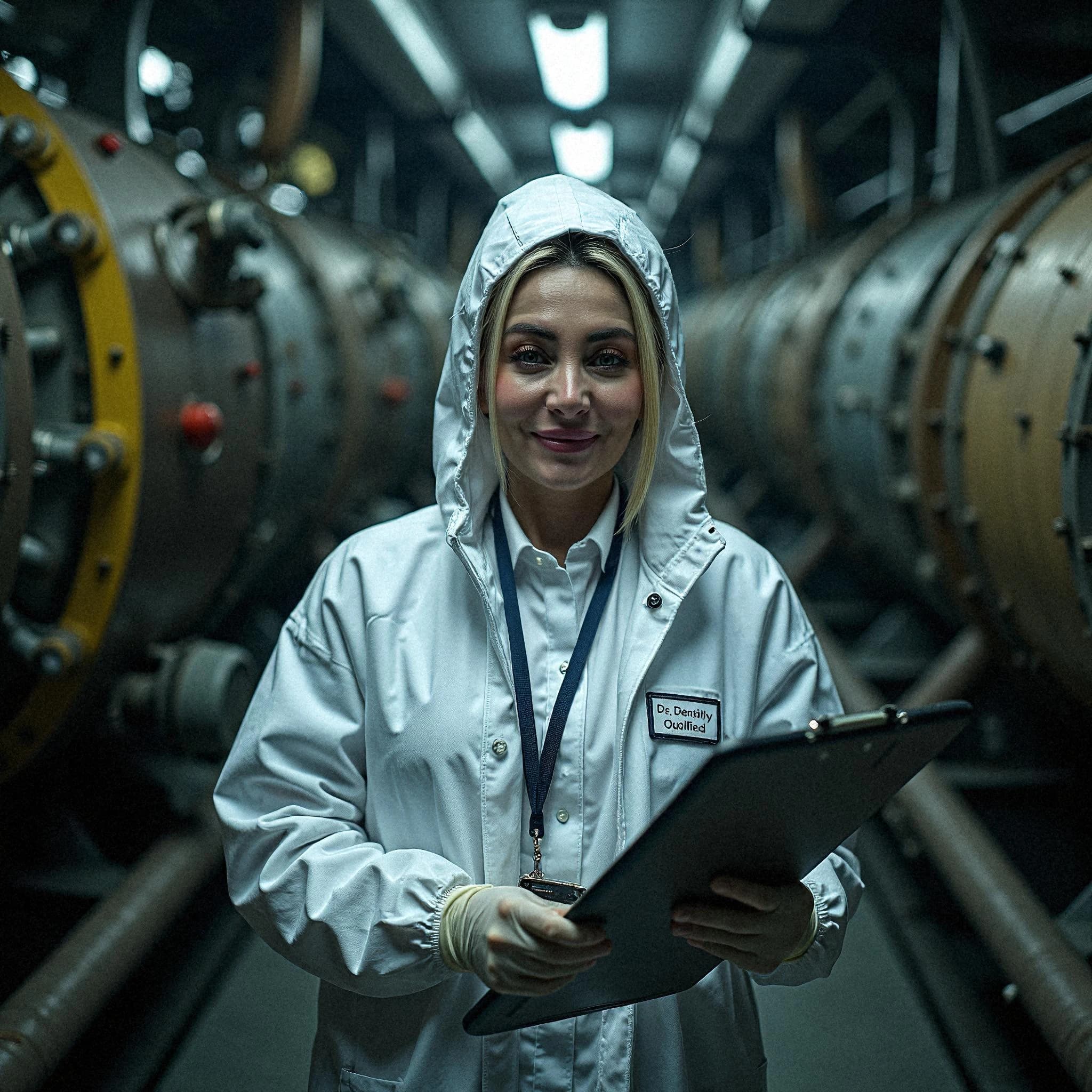 Professional headshot example: Woman Lab White Coat Holding Clipboard — LinkedInHeadshots.ai