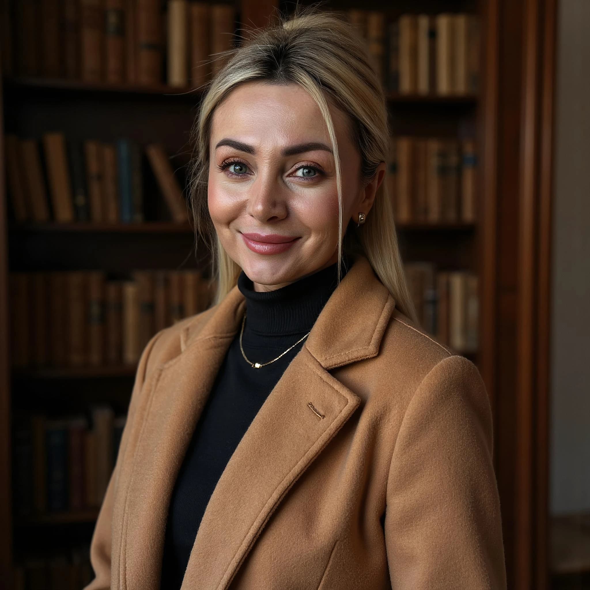 Professional headshot example: Woman Library Brown Coat Smiling — LinkedInHeadshots.ai