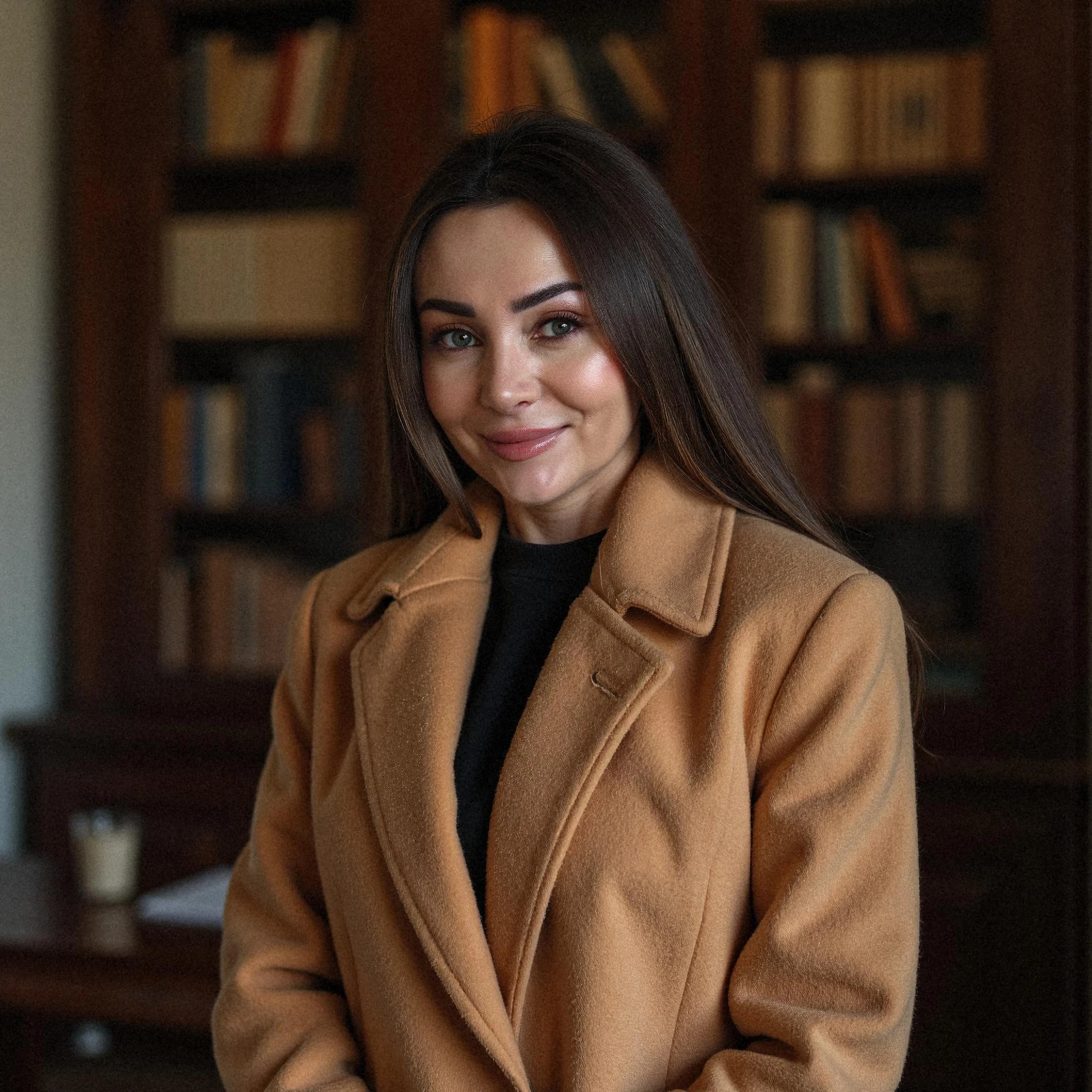 Professional headshot example: Woman Library Brown Coat Smiling 2 — LinkedInHeadshots.ai