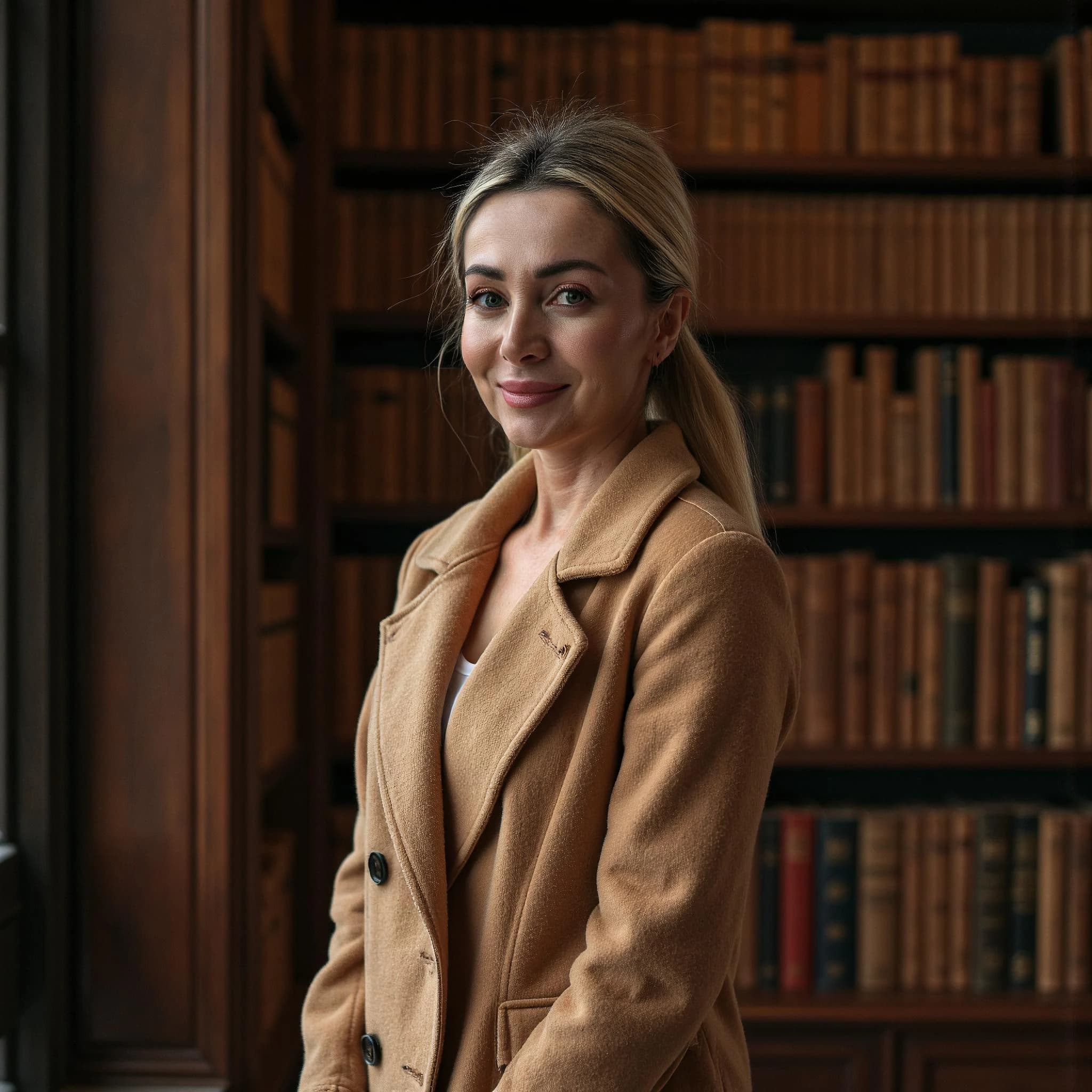 Professional headshot example: Woman Library Brown Coat Smiling 3 — LinkedInHeadshots.ai
