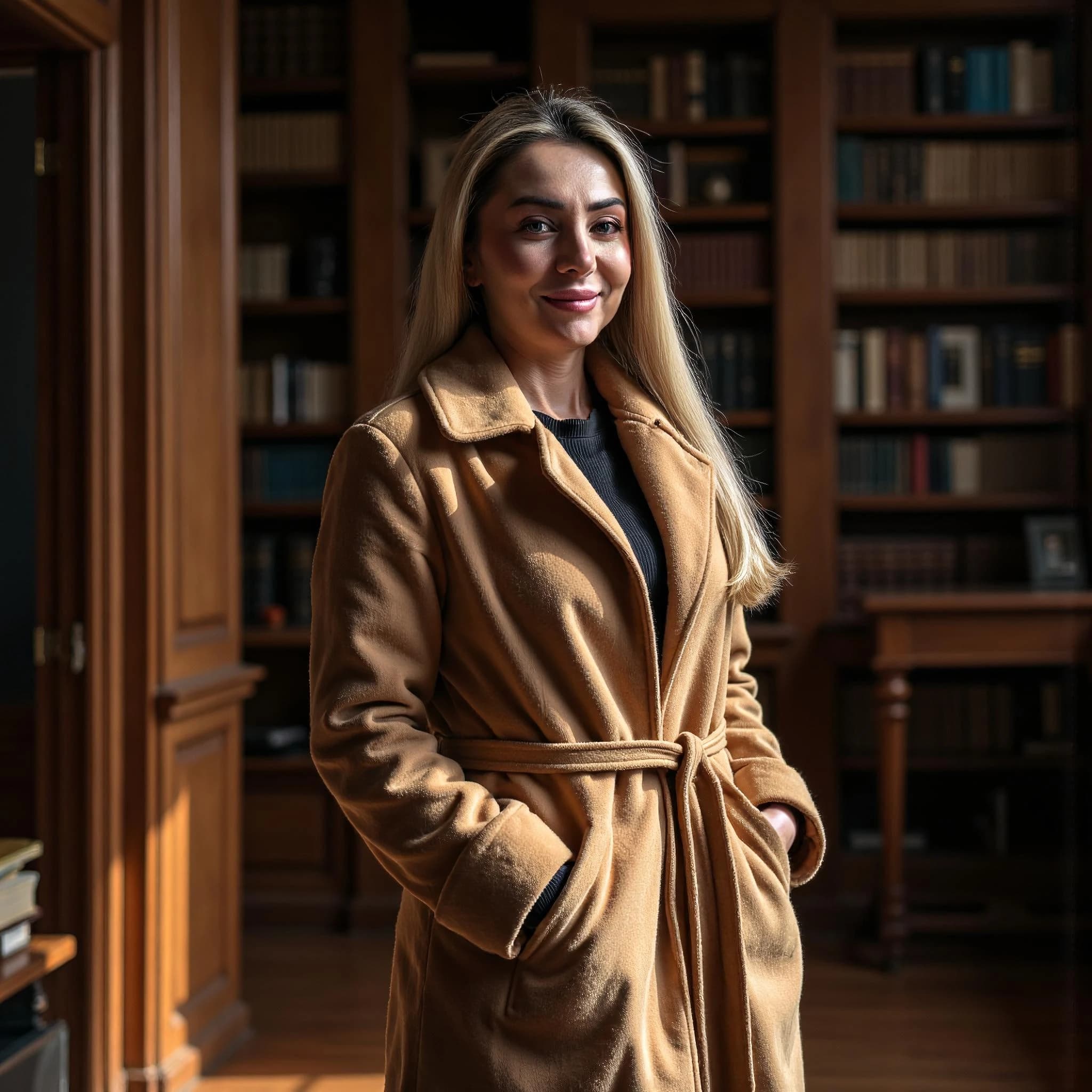 Professional headshot example: Woman Library Brown Coat Smiling 4 — LinkedInHeadshots.ai