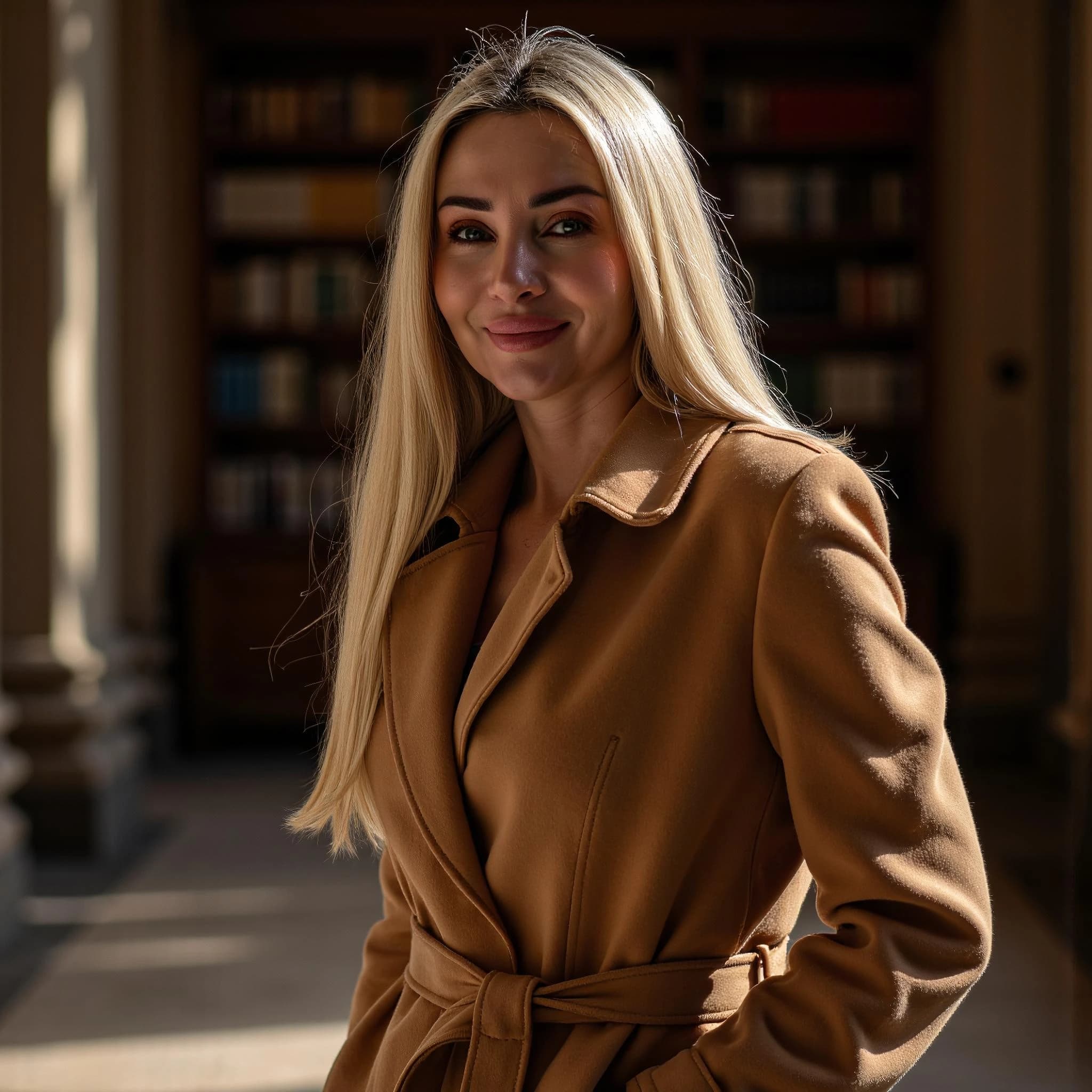 Professional headshot example: Woman Library Brown Coat Smiling 5 — LinkedInHeadshots.ai