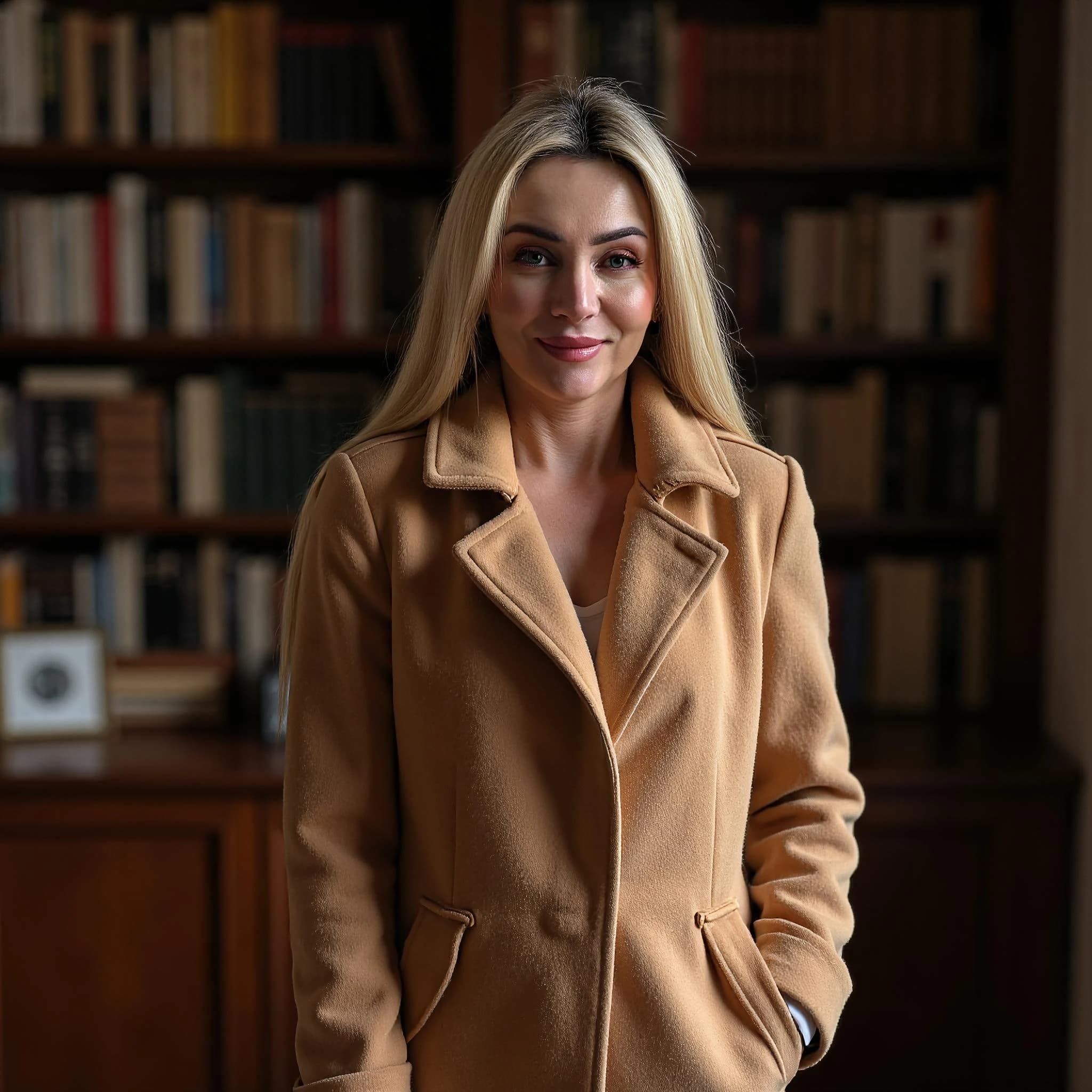 Professional headshot example: Woman Library Tan Coat Smiling — LinkedInHeadshots.ai
