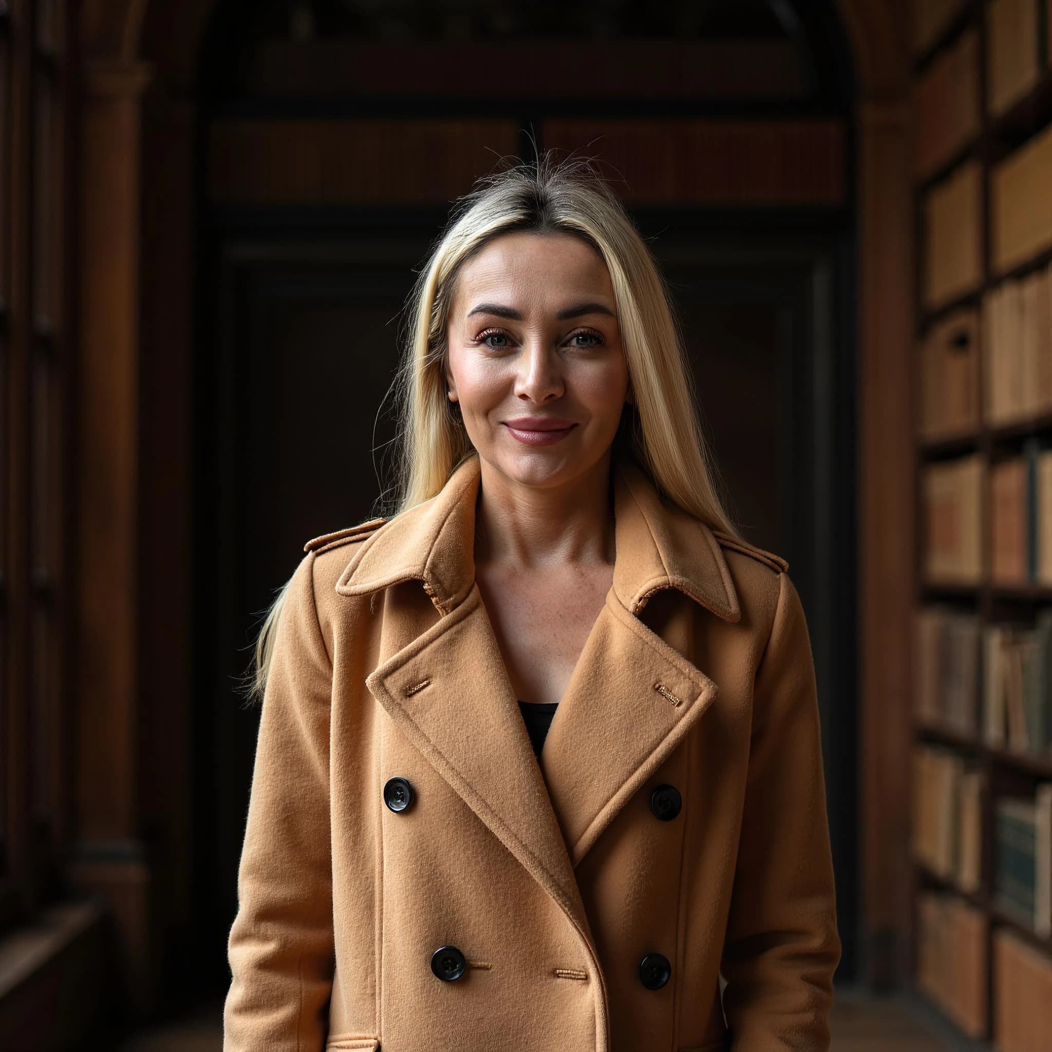 Professional headshot example: Woman Library Tan Coat Smiling 3 — LinkedInHeadshots.ai