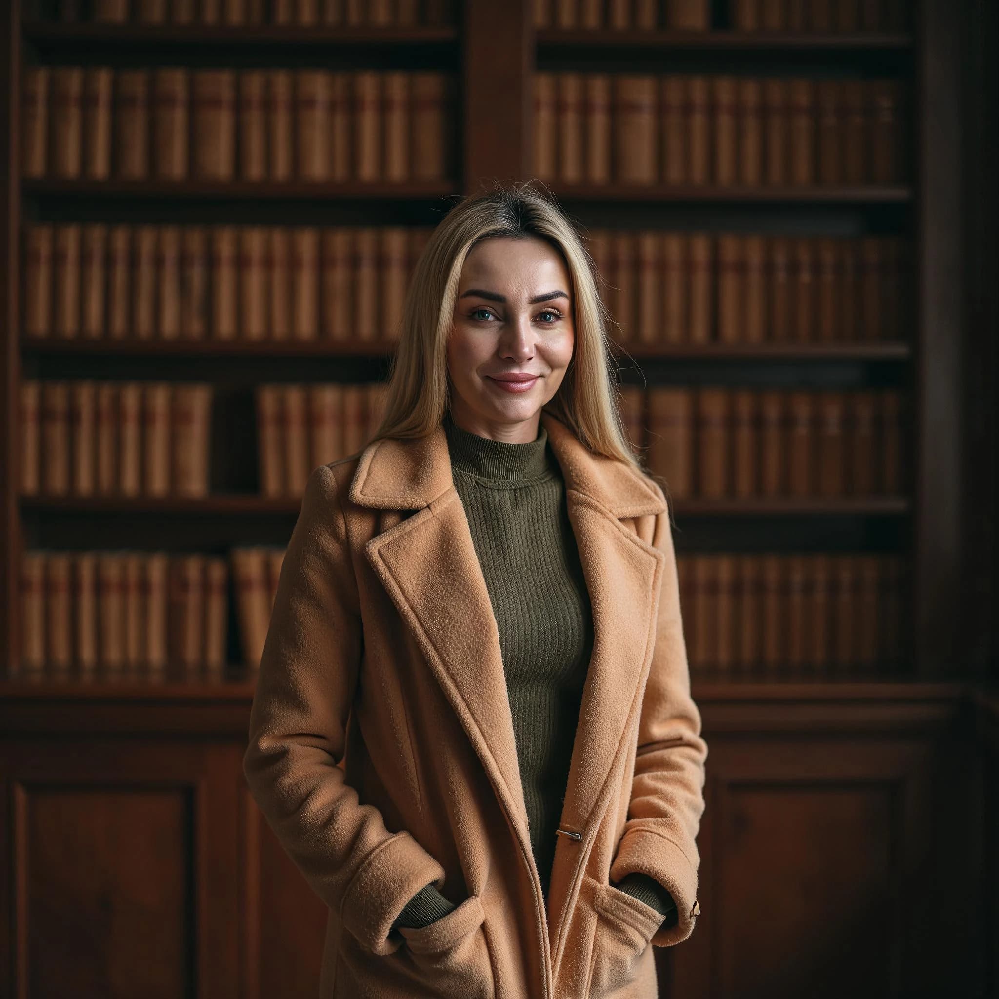 Professional headshot example: Woman Library Tan Coat Smiling 4 — LinkedInHeadshots.ai