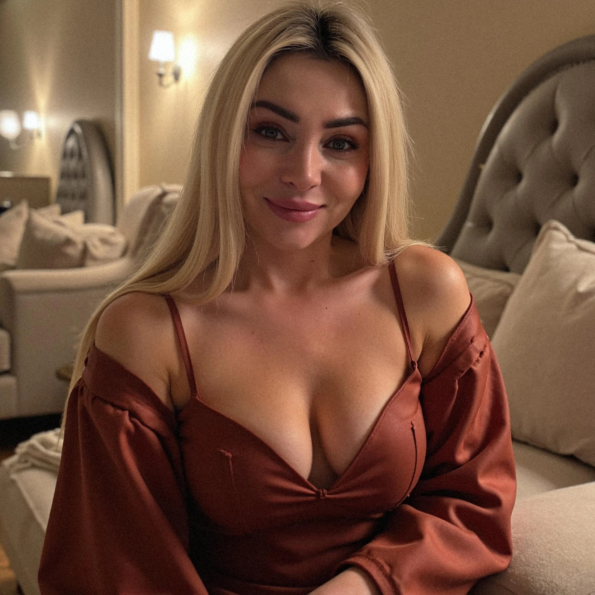 Professional headshot example: Woman Livingroom Brown Top Smiling — LinkedInHeadshots.ai