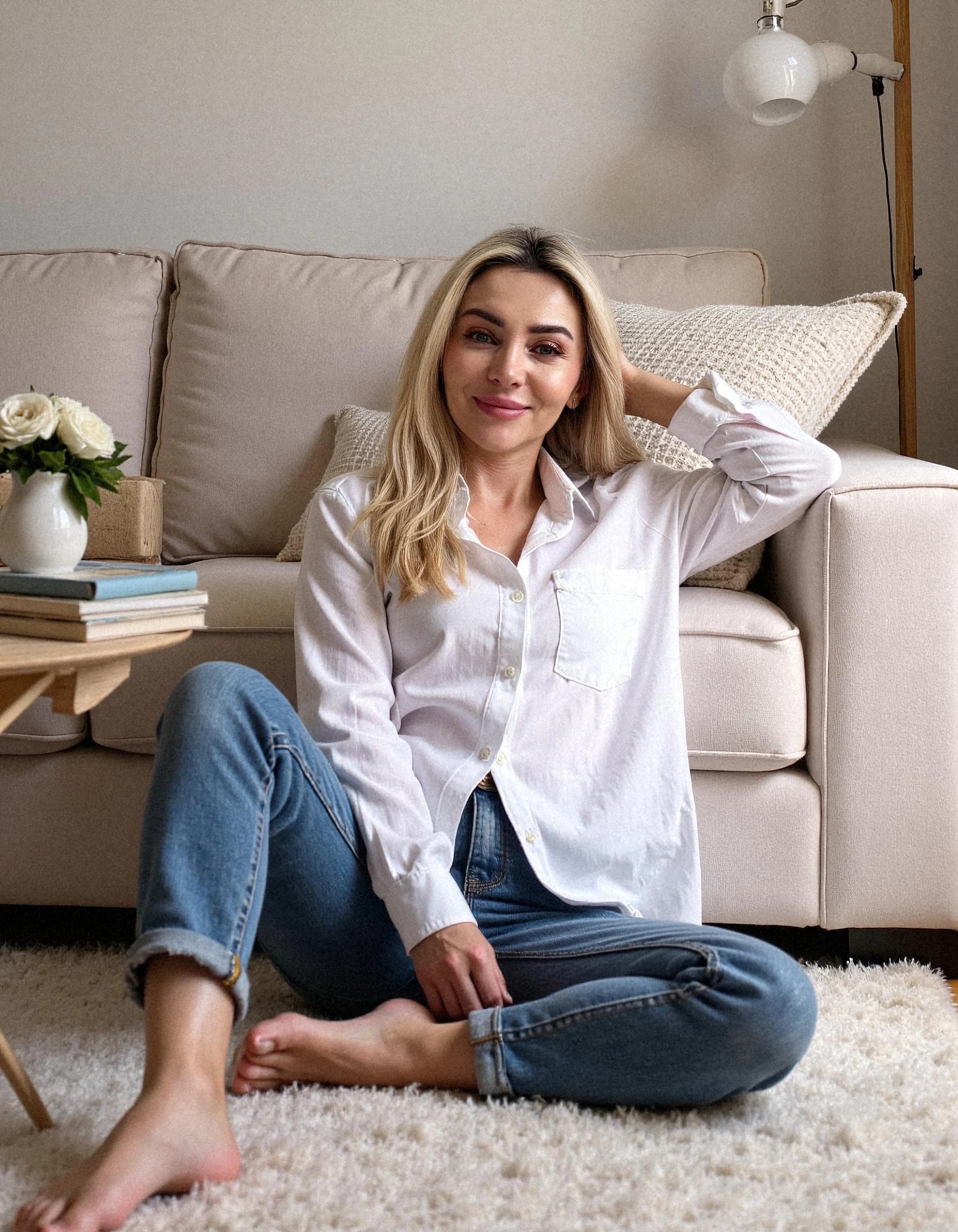 Professional headshot example: Woman Livingroom White Shirt Sitting — LinkedInHeadshots.ai