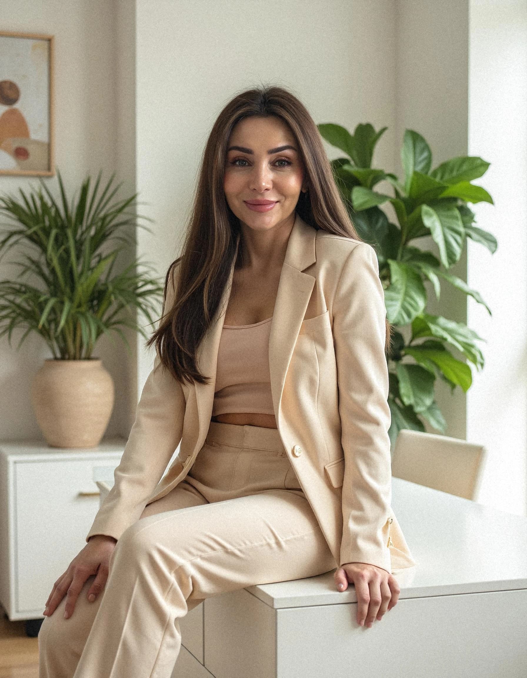 Professional headshot example: Woman Office Beige Suit Sitting Desk — LinkedInHeadshots.ai