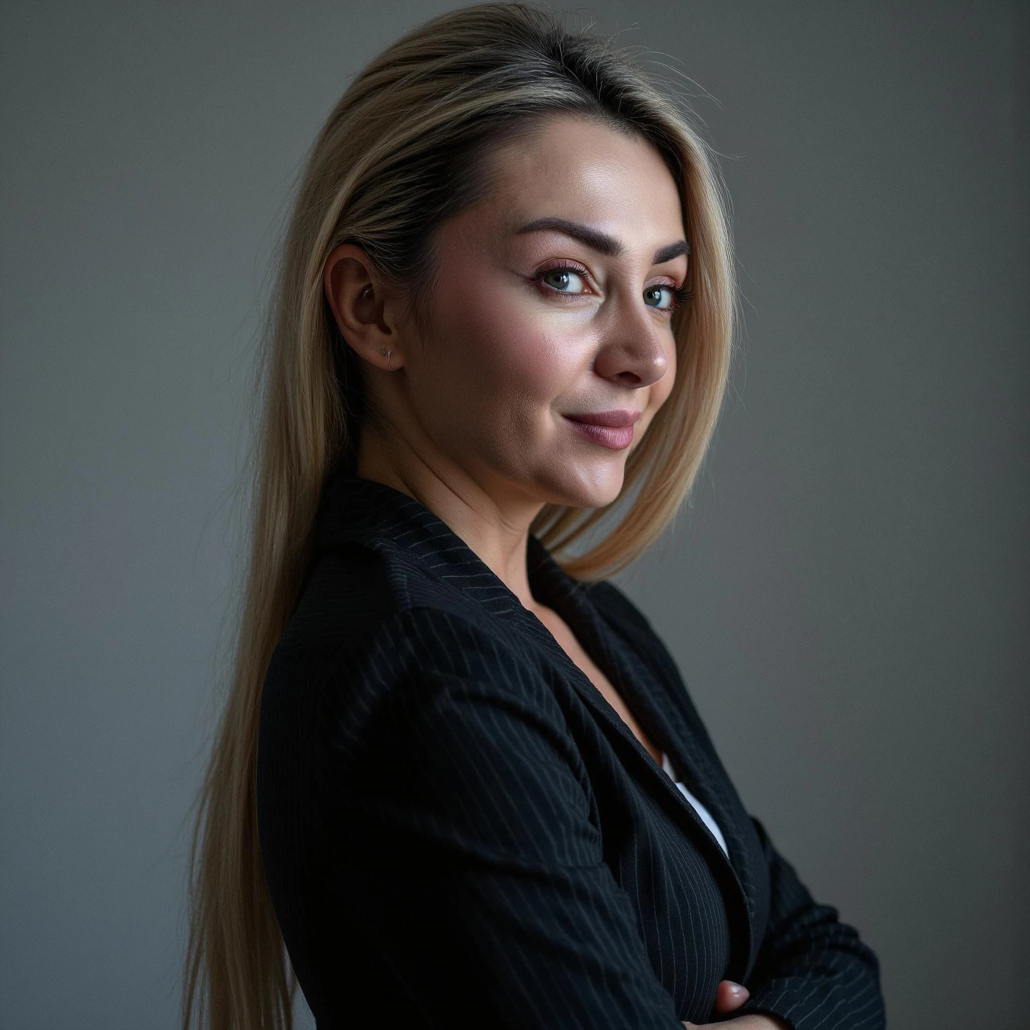 Professional headshot example: Woman Office Black Blazer Crossed Arms 2 — LinkedInHeadshots.ai