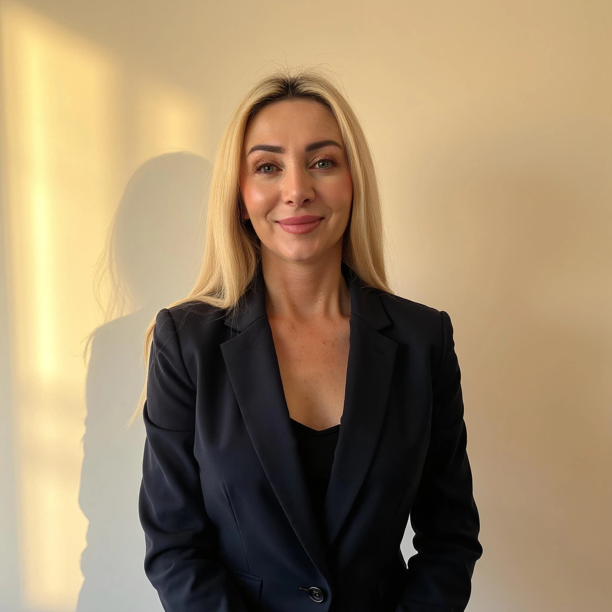 Professional headshot example: Woman Office Black Blazer Smiling 15 — LinkedInHeadshots.ai