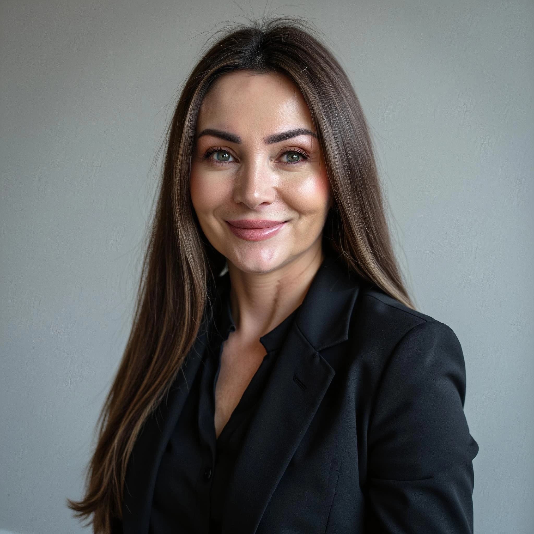Professional headshot example: Woman Office Black Blazer Smiling 18 — LinkedInHeadshots.ai