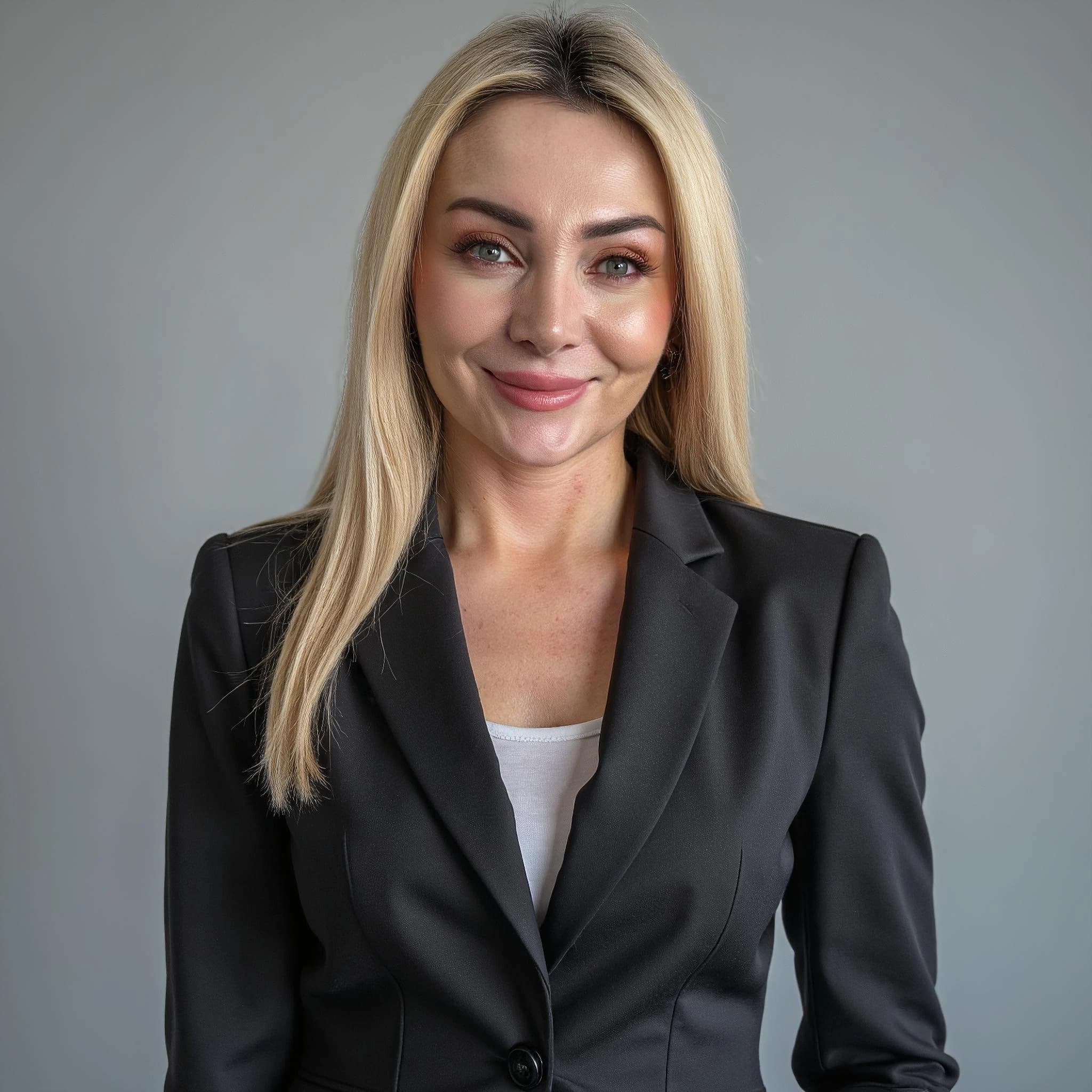 Professional headshot example: Woman Office Black Blazer Smiling 19 — LinkedInHeadshots.ai