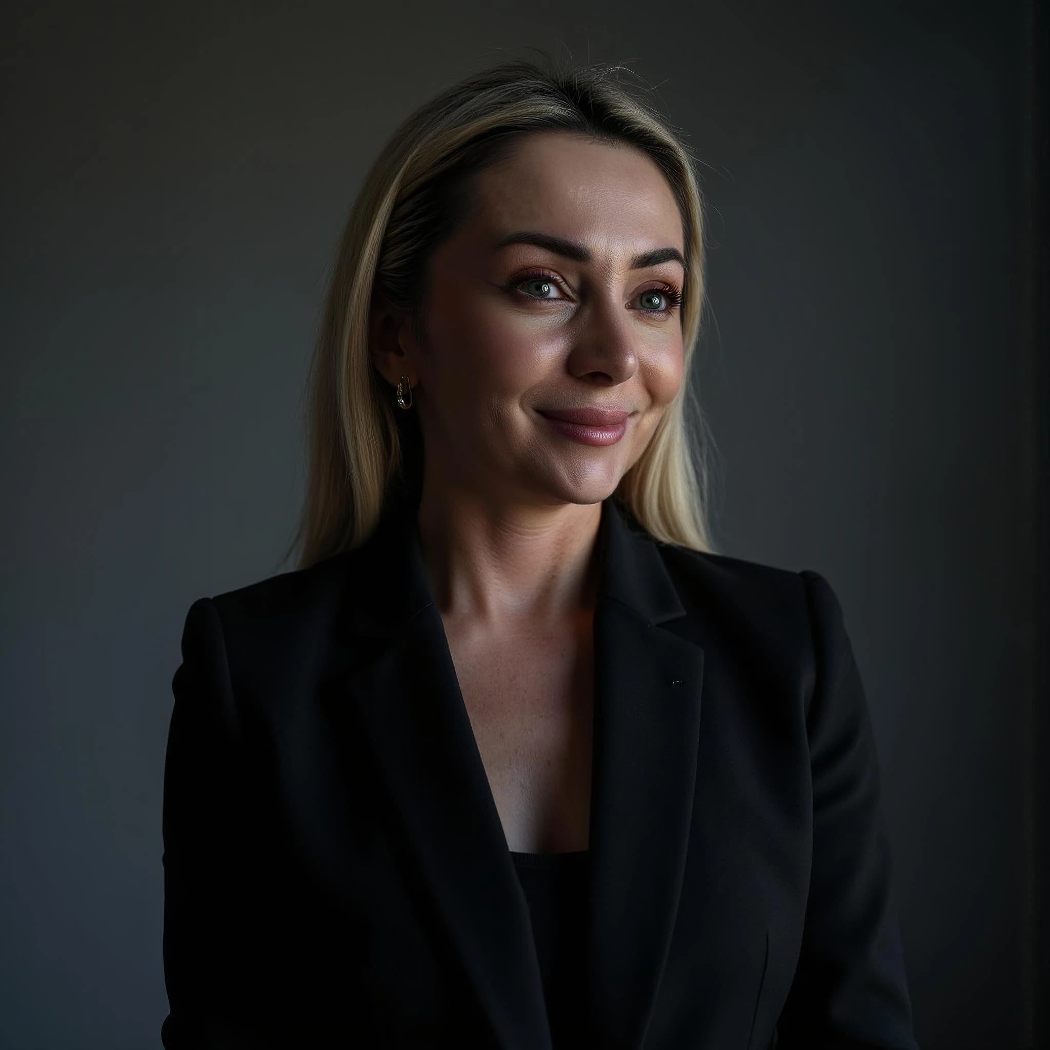 Professional headshot example: Woman Office Black Blazer Smiling 20 — LinkedInHeadshots.ai