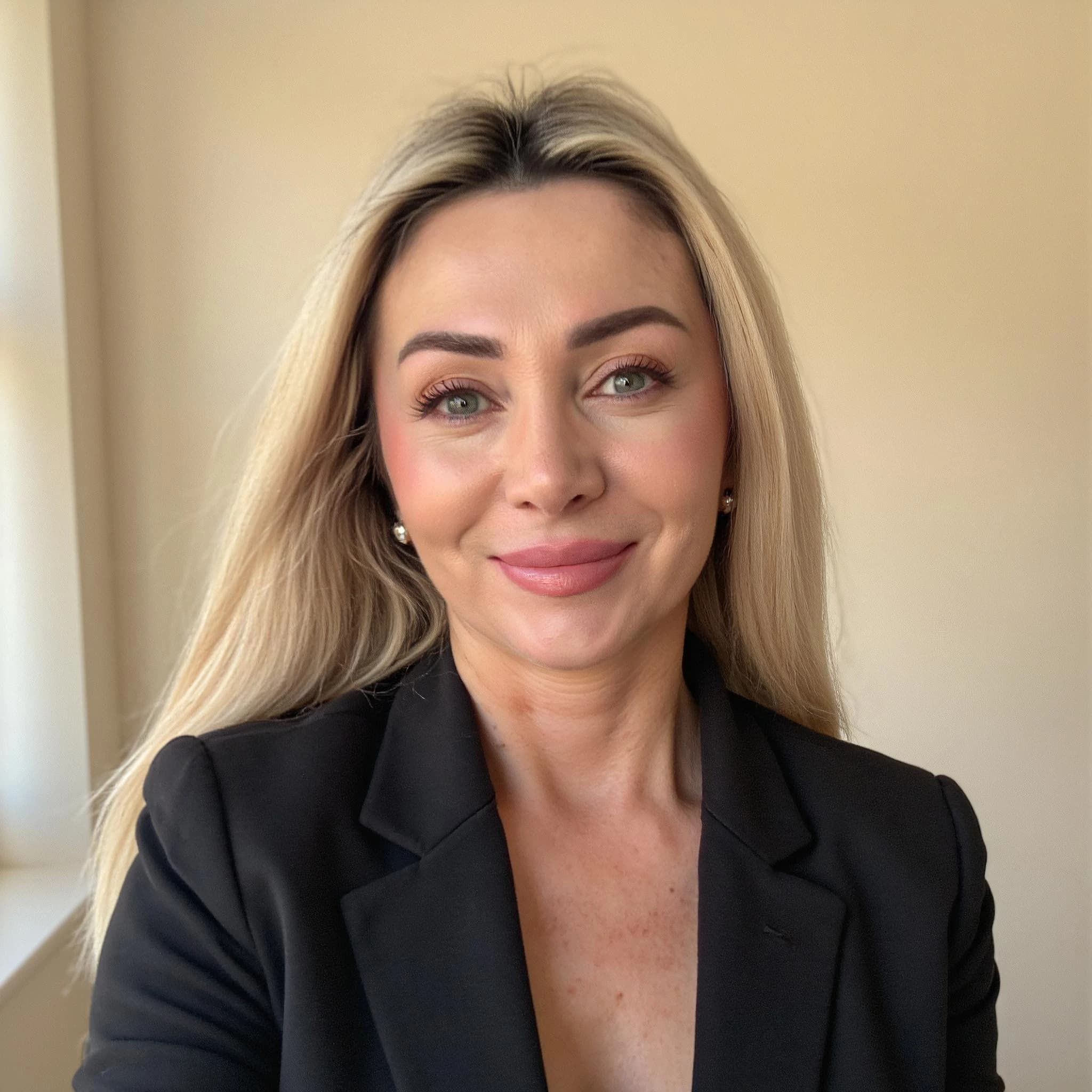 Professional headshot example: Woman Office Black Blazer Smiling 26 — LinkedInHeadshots.ai