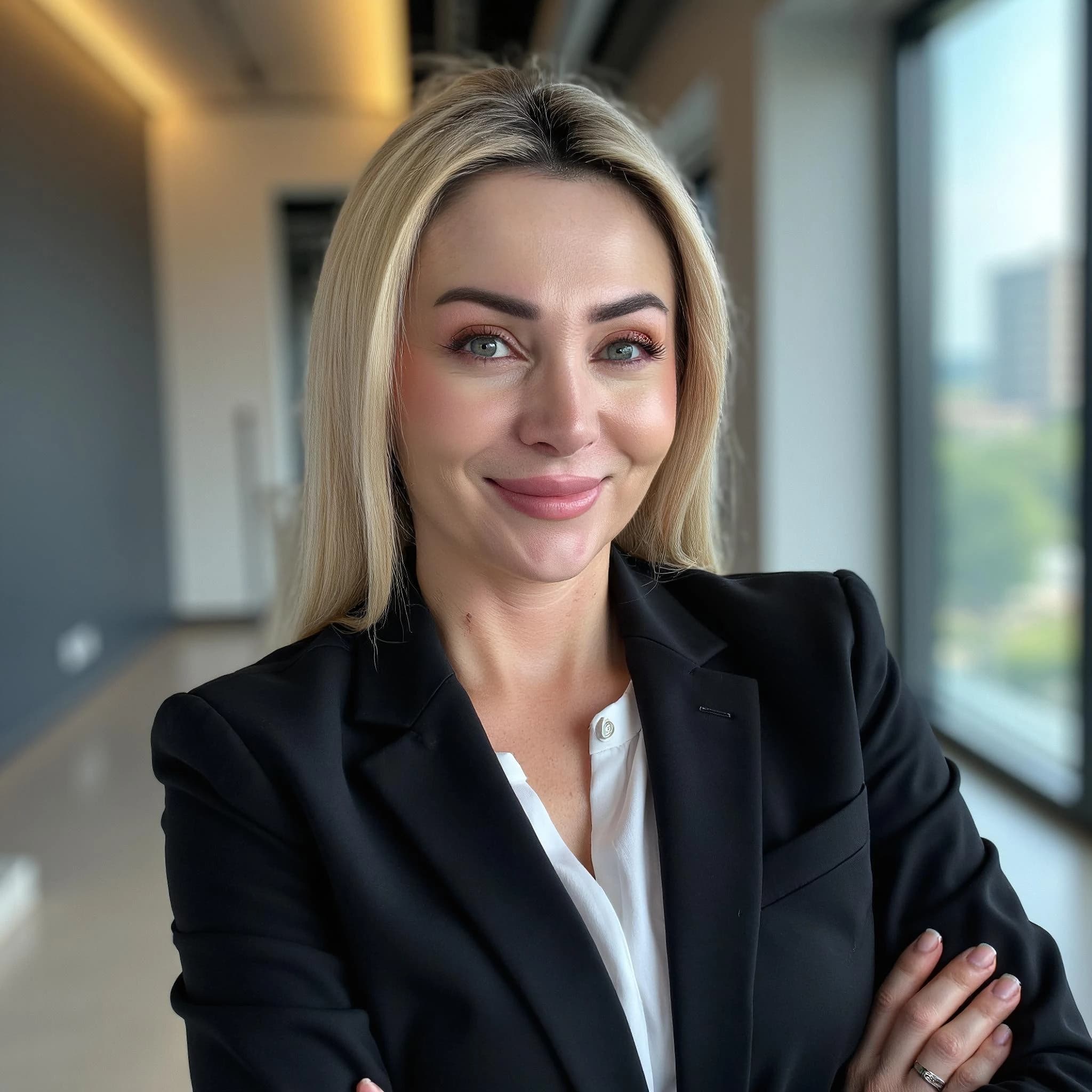 Professional headshot example: Woman Office Black Blazer Smiling 28 — LinkedInHeadshots.ai