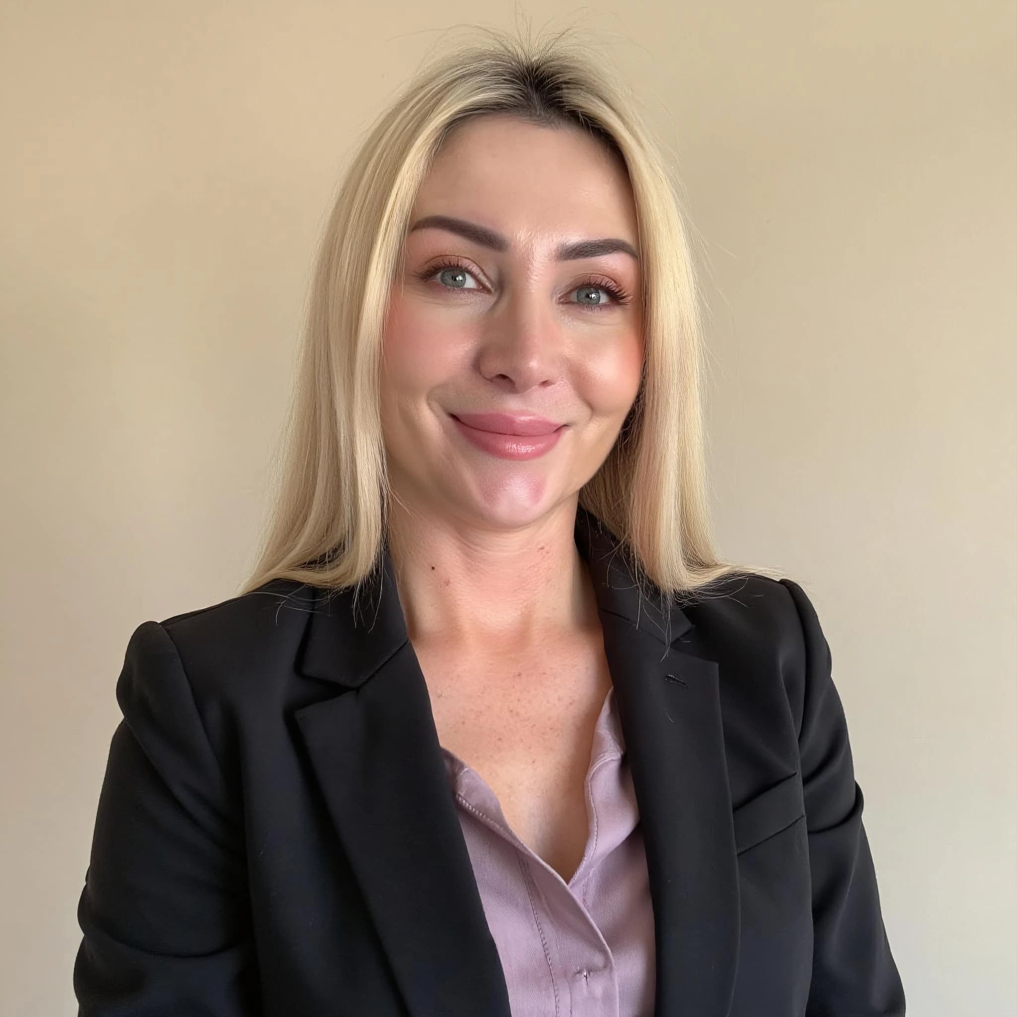 Professional headshot example: Woman Office Black Blazer Smiling 29 — LinkedInHeadshots.ai