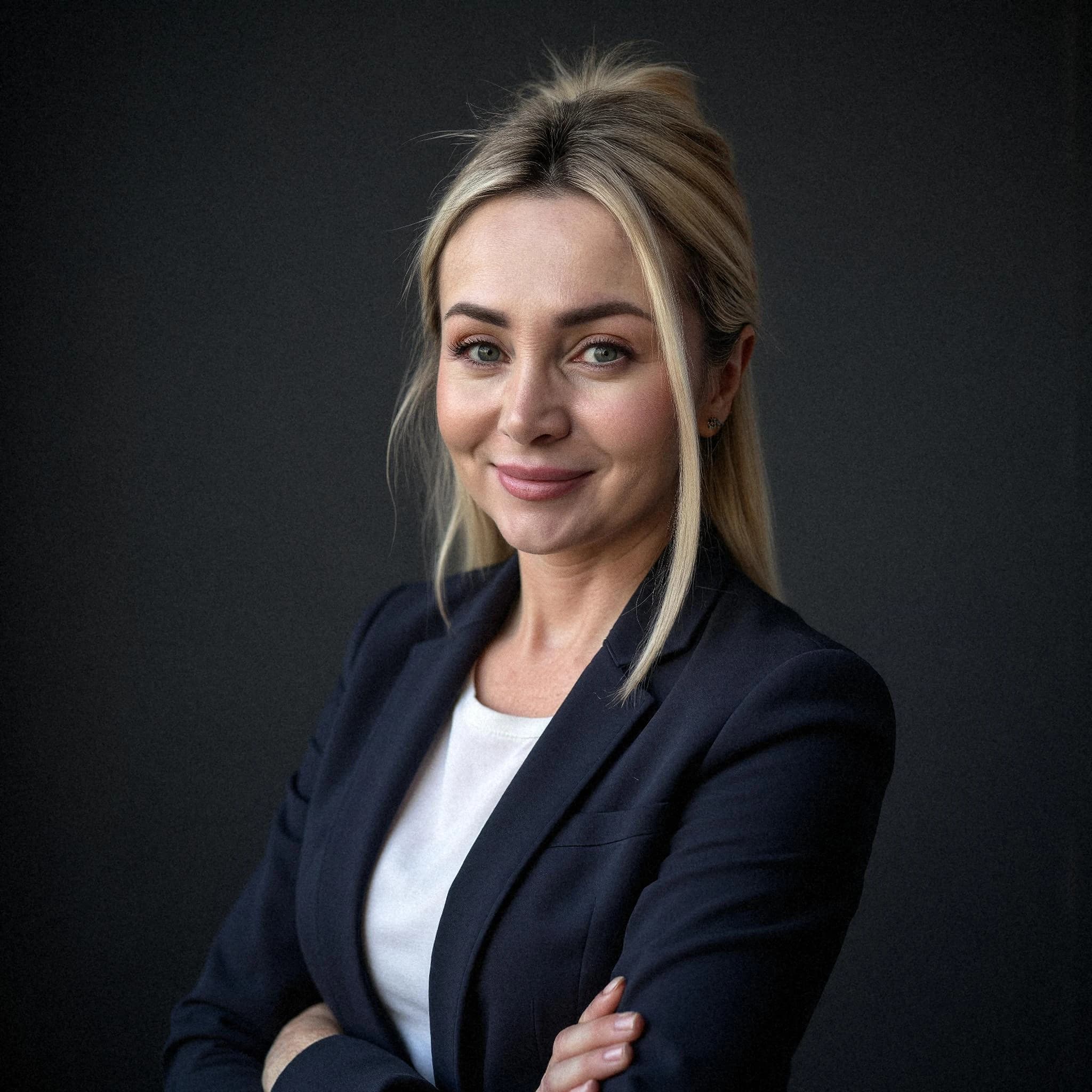 Professional headshot example: Woman Office Black Blazer Smiling 32 — LinkedInHeadshots.ai