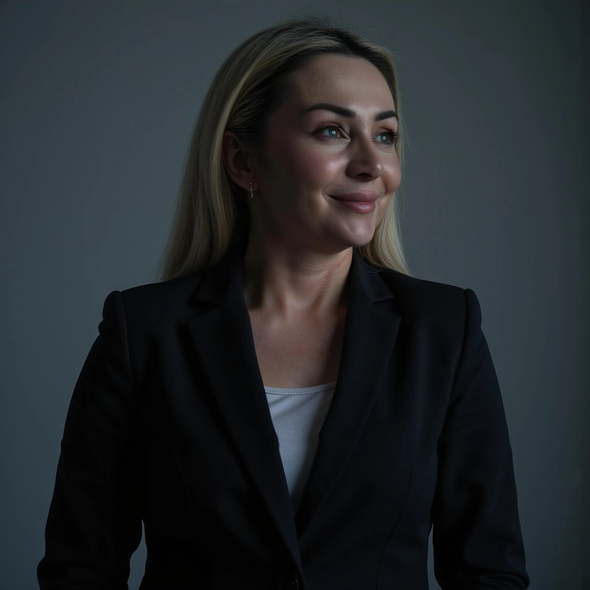 Professional headshot example: Woman Office Black Blazer Smiling 34 — LinkedInHeadshots.ai