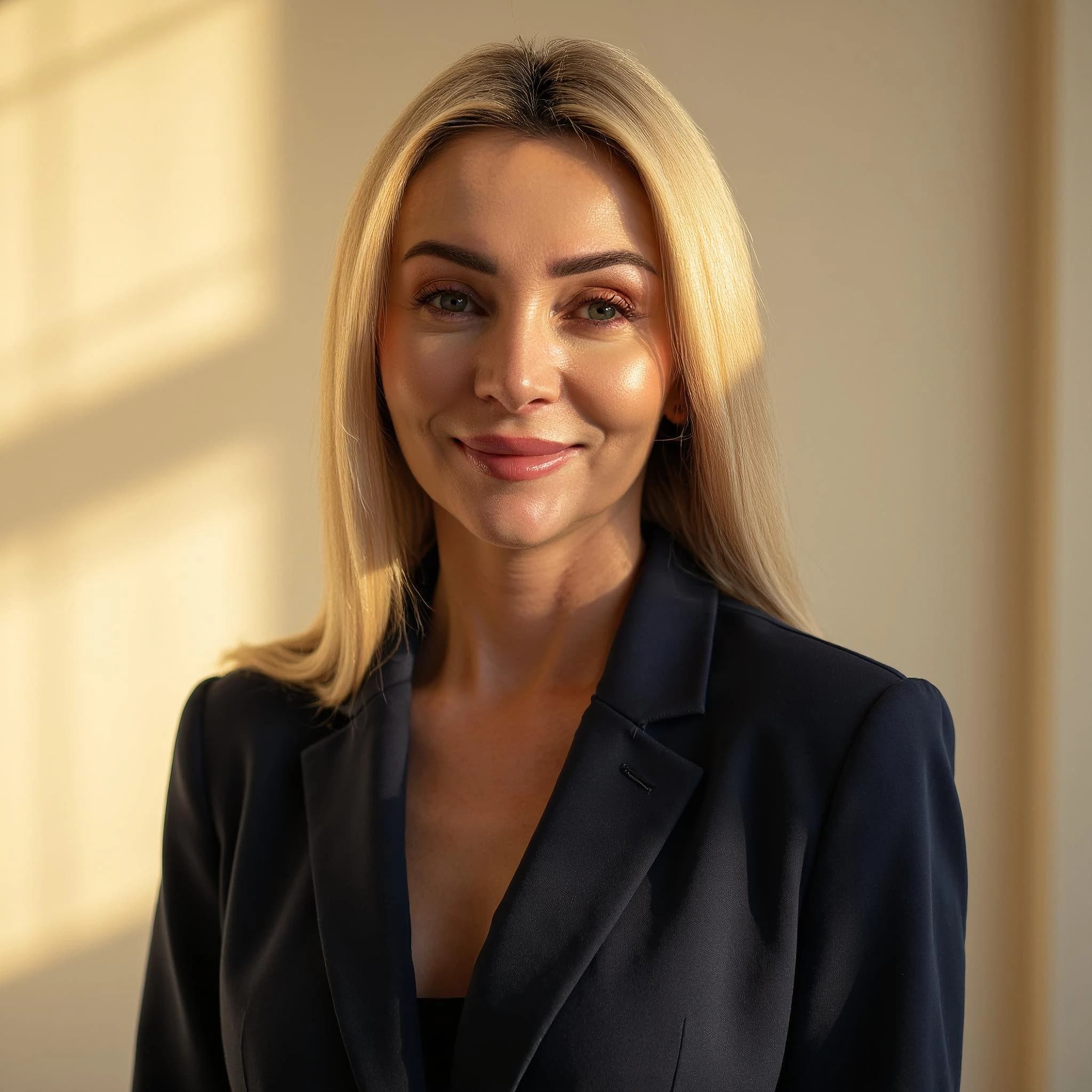 Professional headshot example: Woman Office Black Blazer Smiling 35 — LinkedInHeadshots.ai
