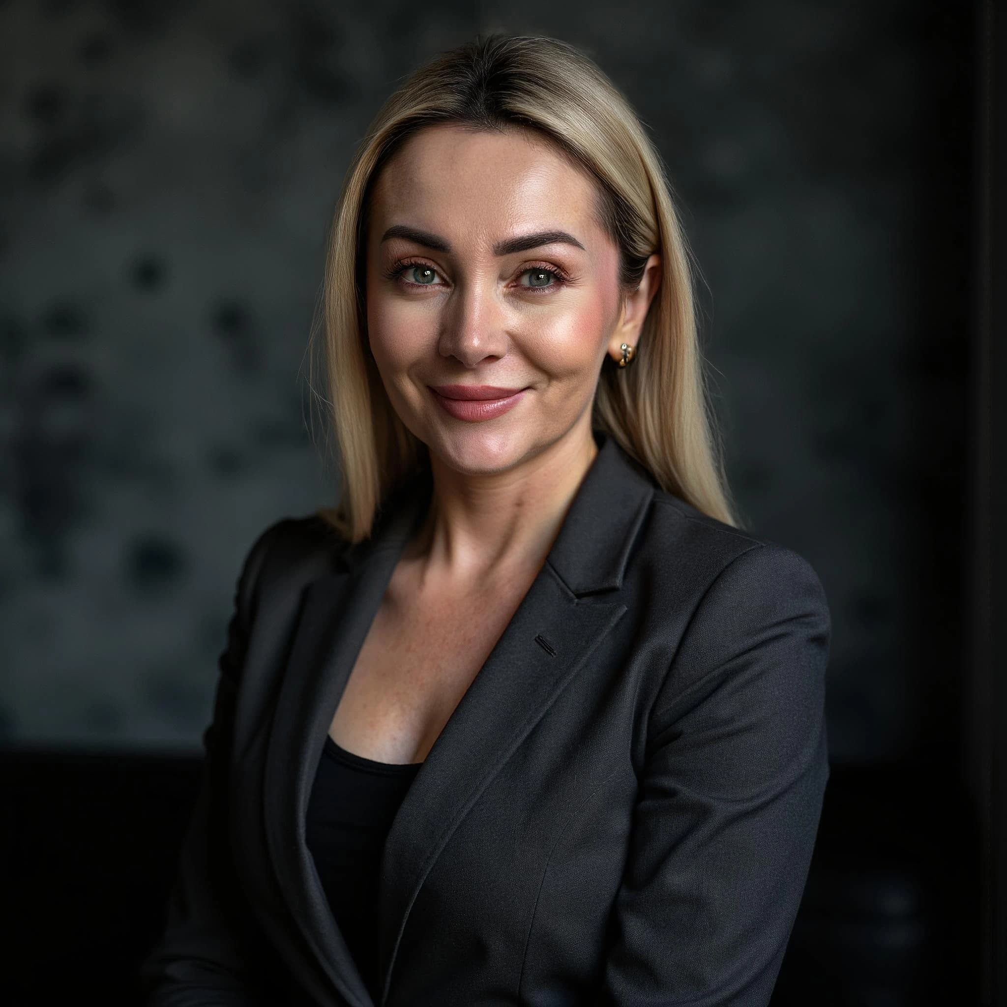 Professional headshot example: Woman Office Black Blazer Smiling 4 — LinkedInHeadshots.ai