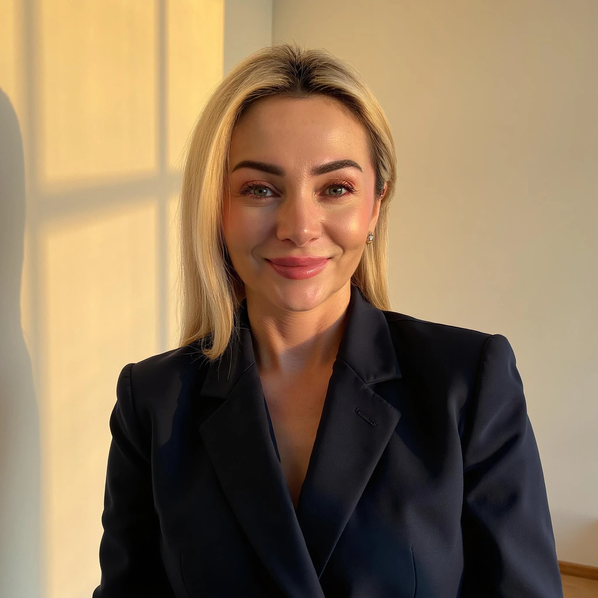 Professional headshot example: Woman Office Black Blazer Smiling 5 — LinkedInHeadshots.ai