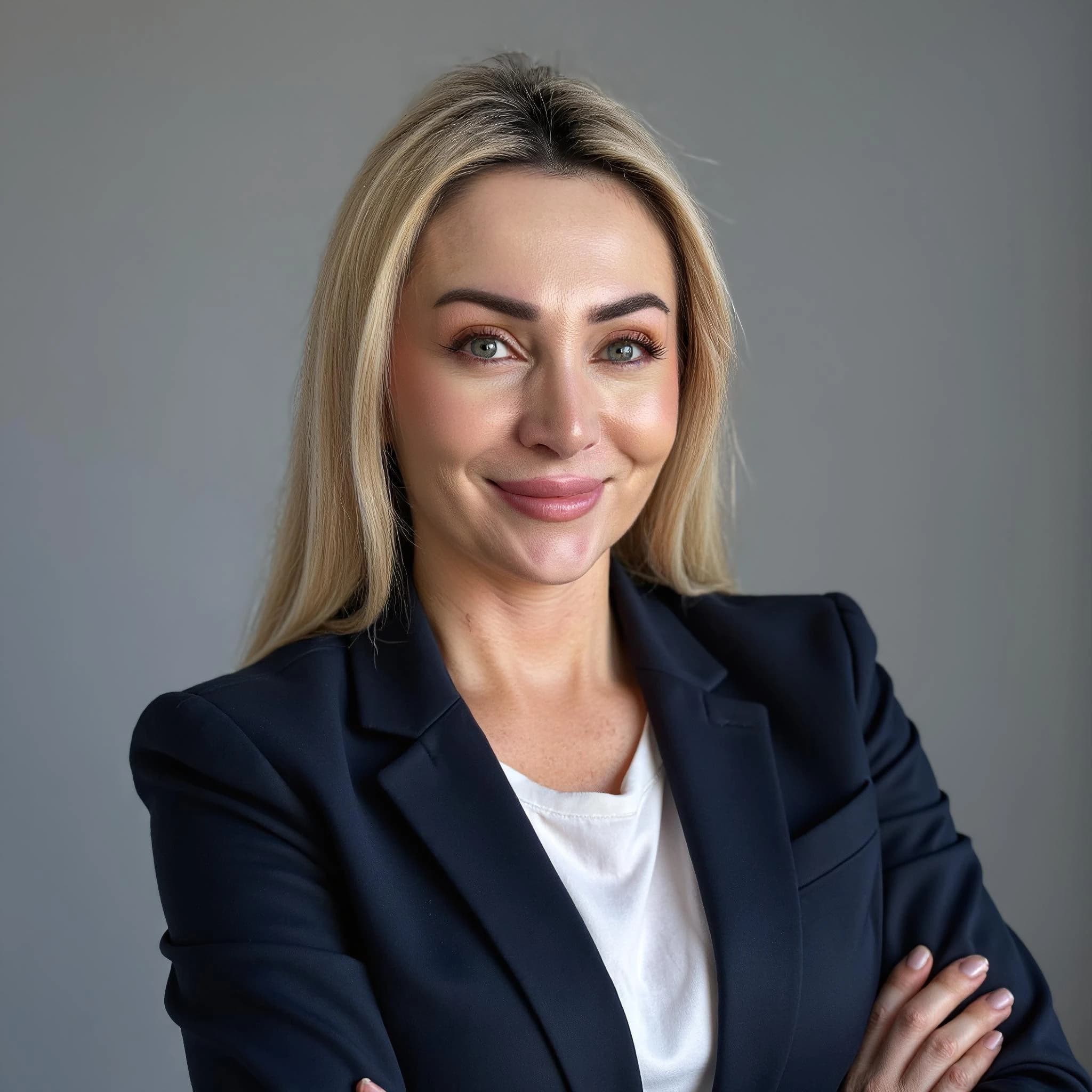 Professional headshot example: Woman Office Black Blazer Smiling 6 — LinkedInHeadshots.ai