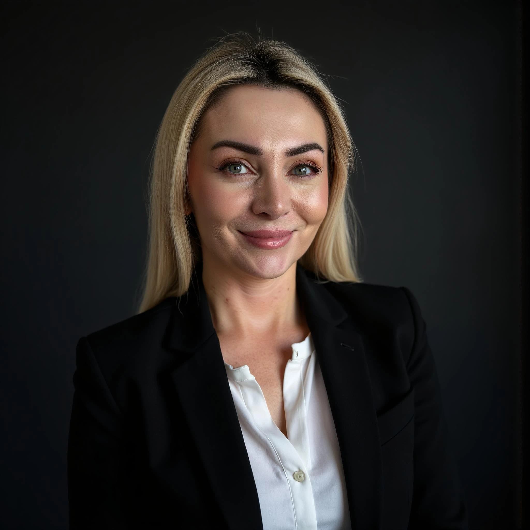 Professional headshot example: Woman Office Black Blazer Smiling 7 — LinkedInHeadshots.ai