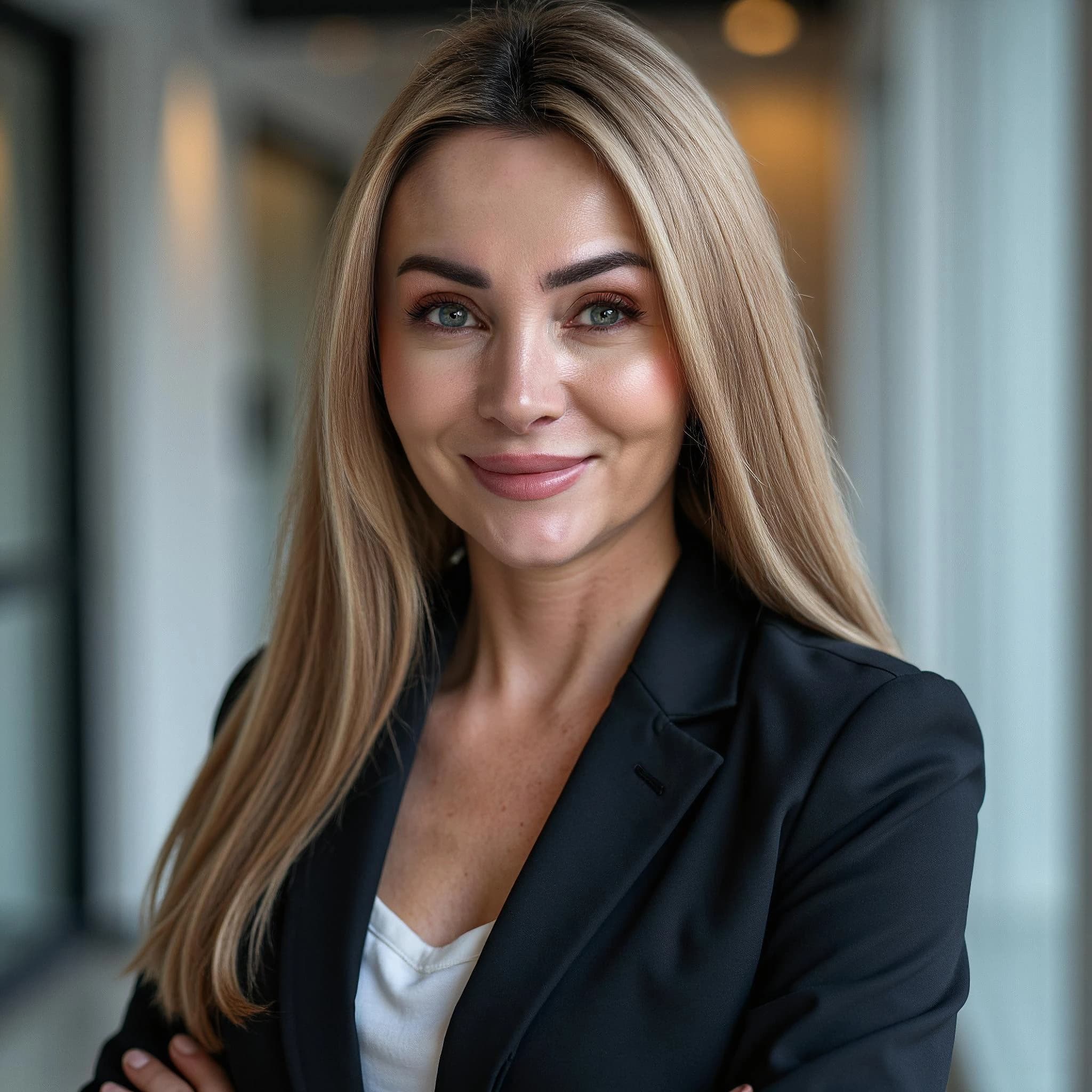 Professional headshot example: Woman Office Black Blazer Smiling 9 — LinkedInHeadshots.ai