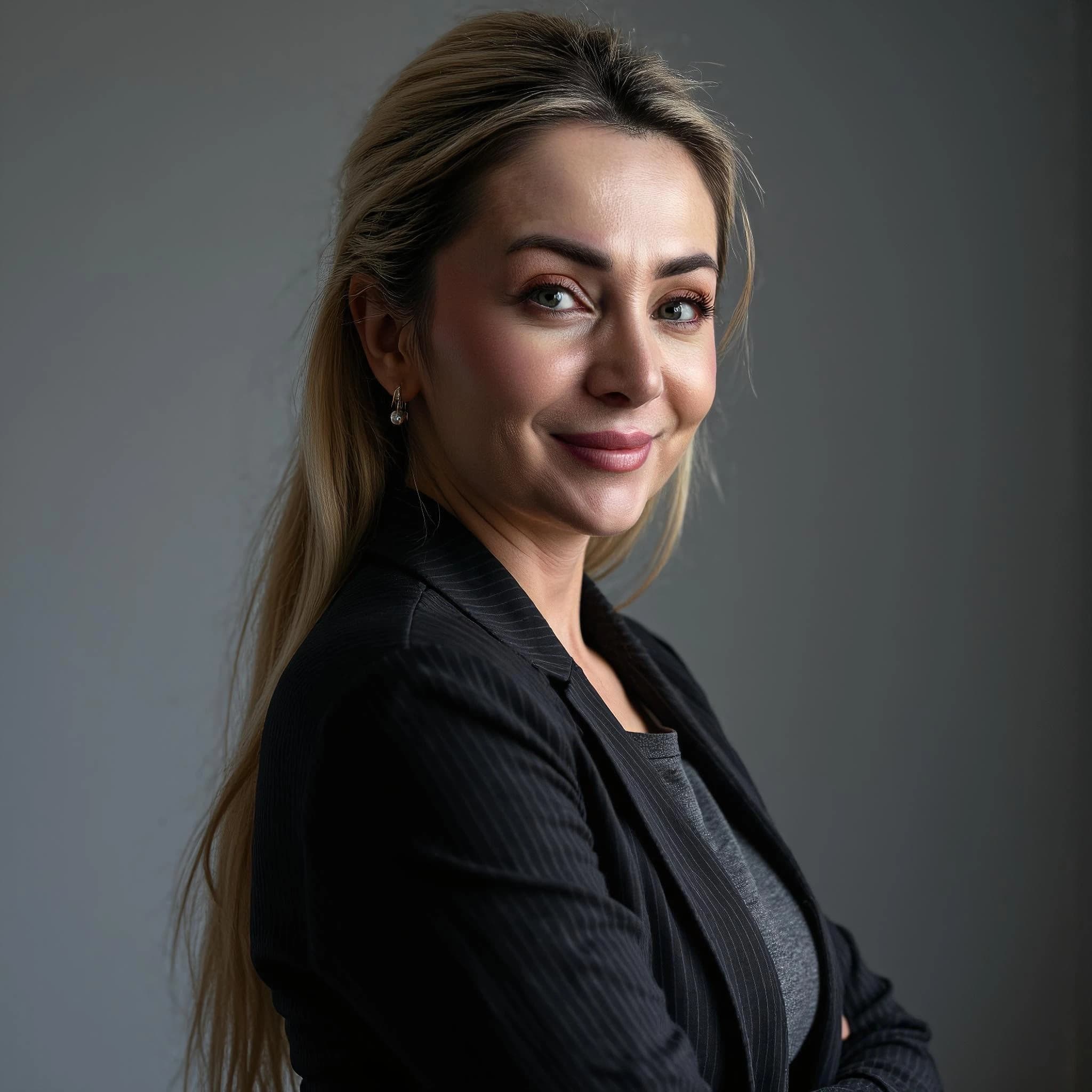 Professional headshot example: Woman Office Black Jacket Smiling — LinkedInHeadshots.ai