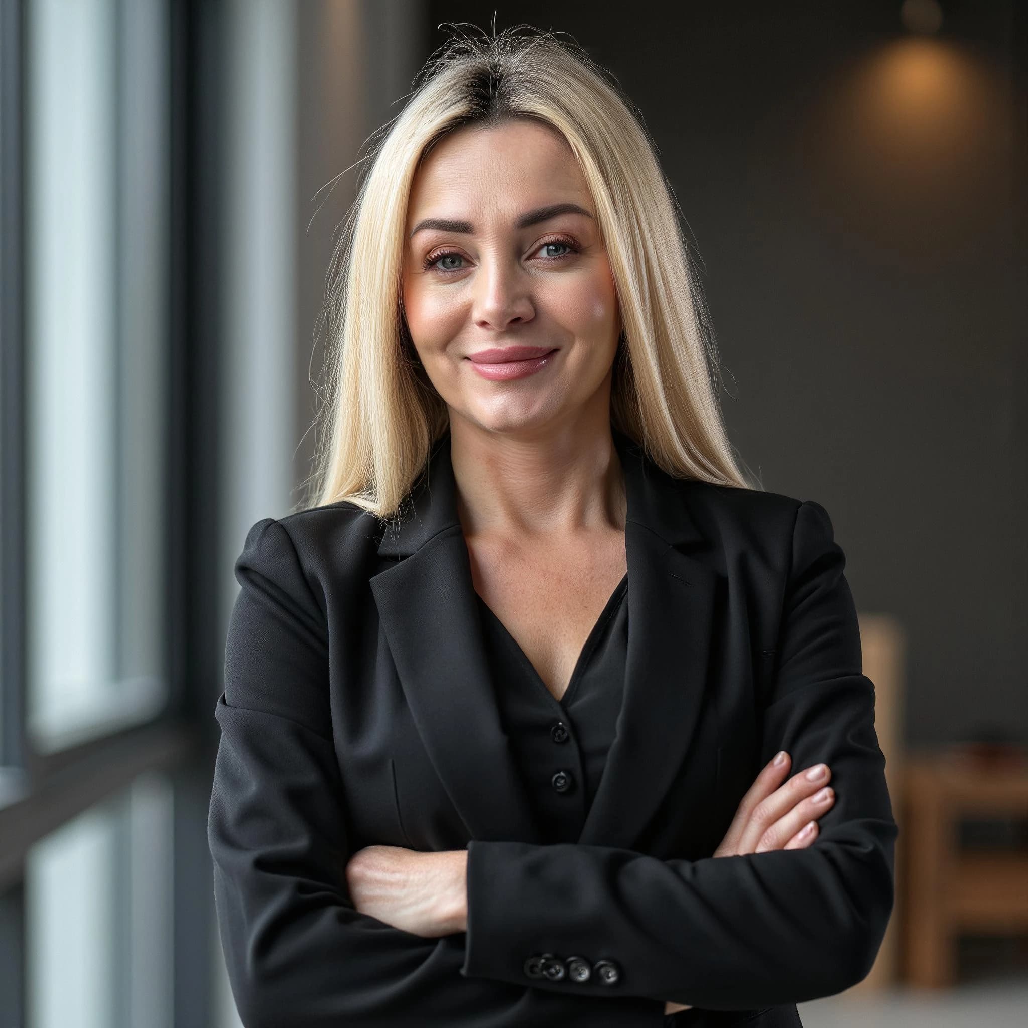 Professional headshot example: Woman Office Black Suit Arms Crossed — LinkedInHeadshots.ai