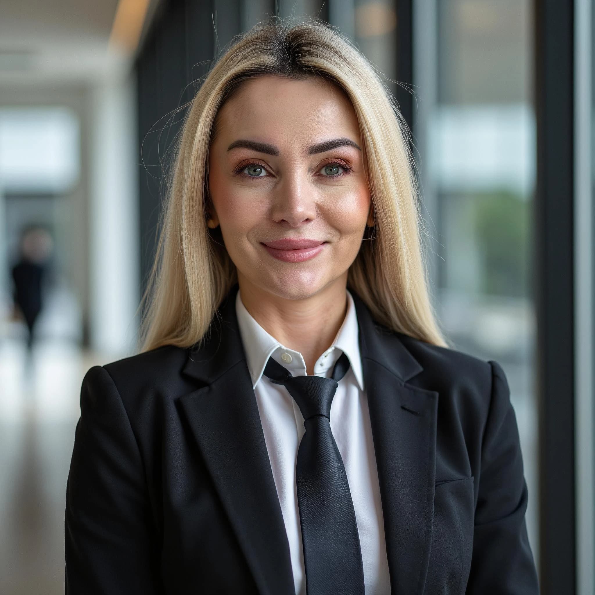 Professional headshot example: Woman Office Black Suit Smiling 10 — LinkedInHeadshots.ai