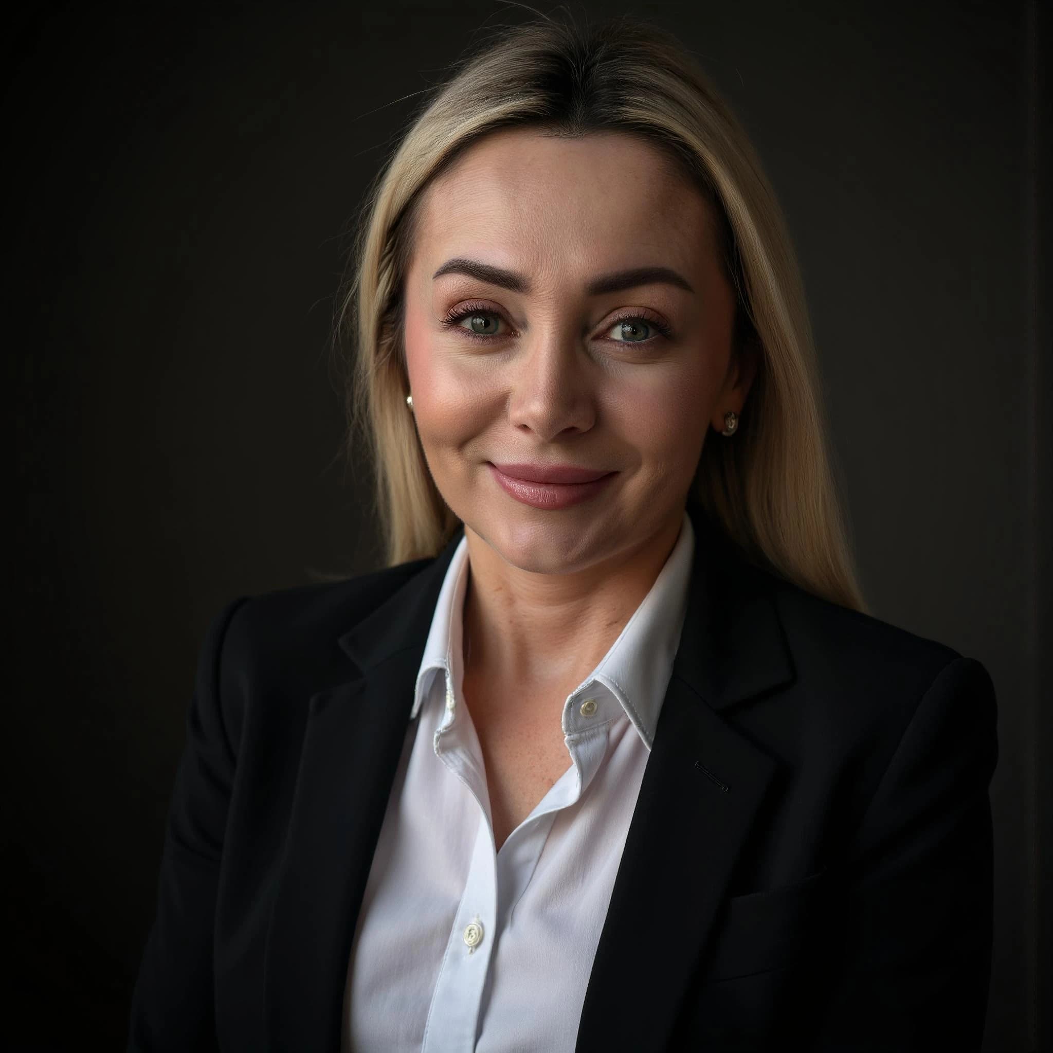 Professional headshot example: Woman Office Black Suit Smiling 11 — LinkedInHeadshots.ai