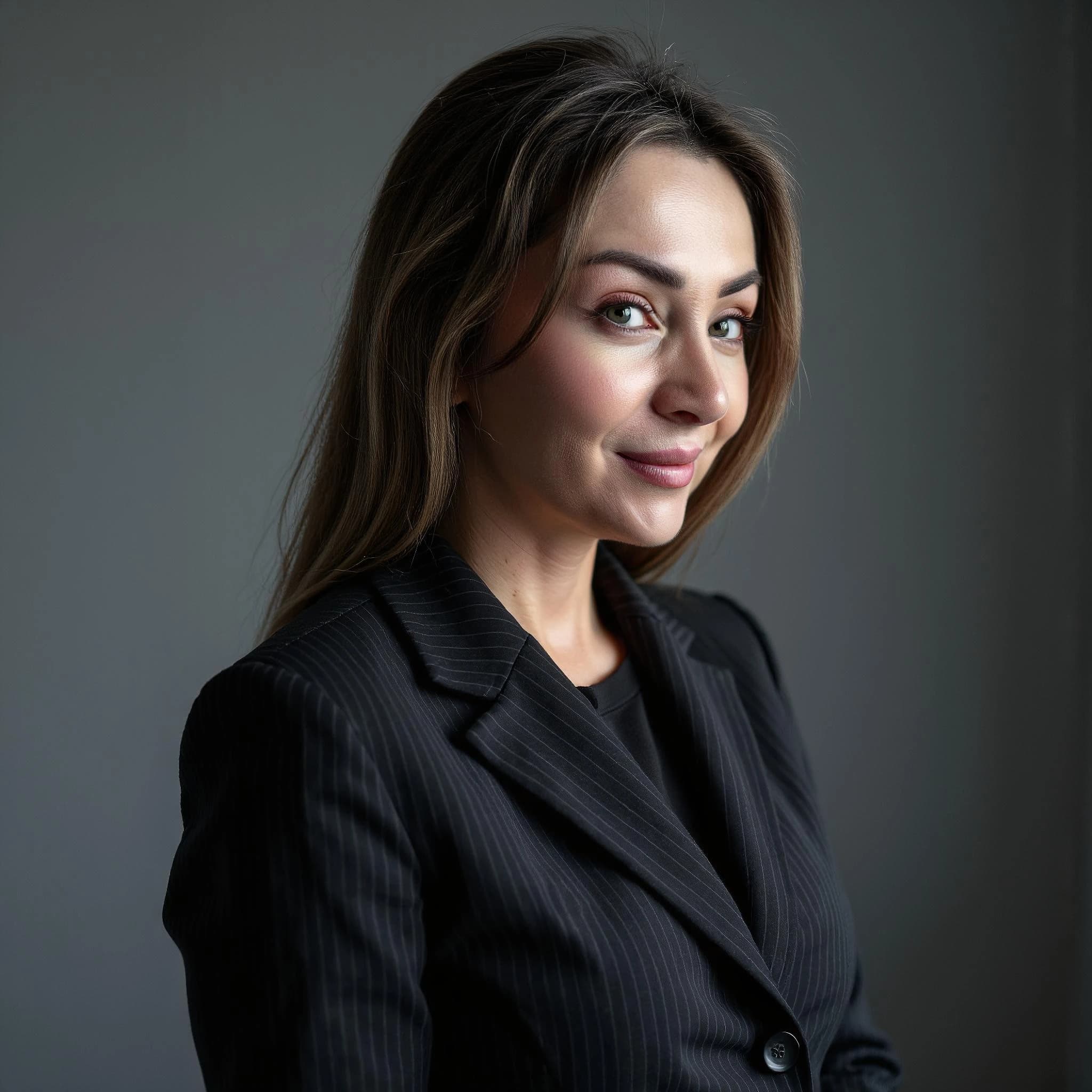 Professional headshot example: Woman Office Black Suit Smiling 12 — LinkedInHeadshots.ai