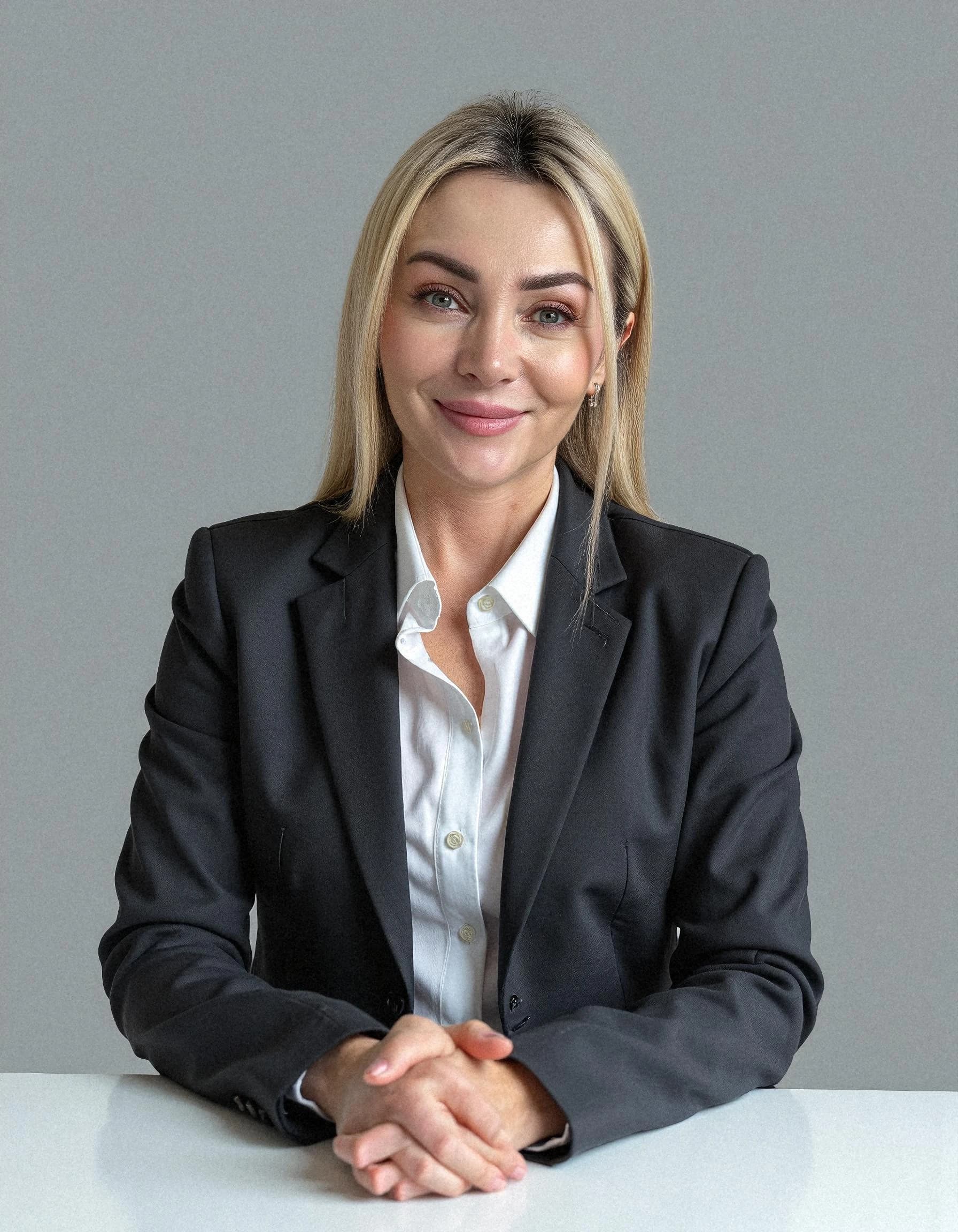 Professional headshot example: Woman Office Black Suit Smiling 13 — LinkedInHeadshots.ai