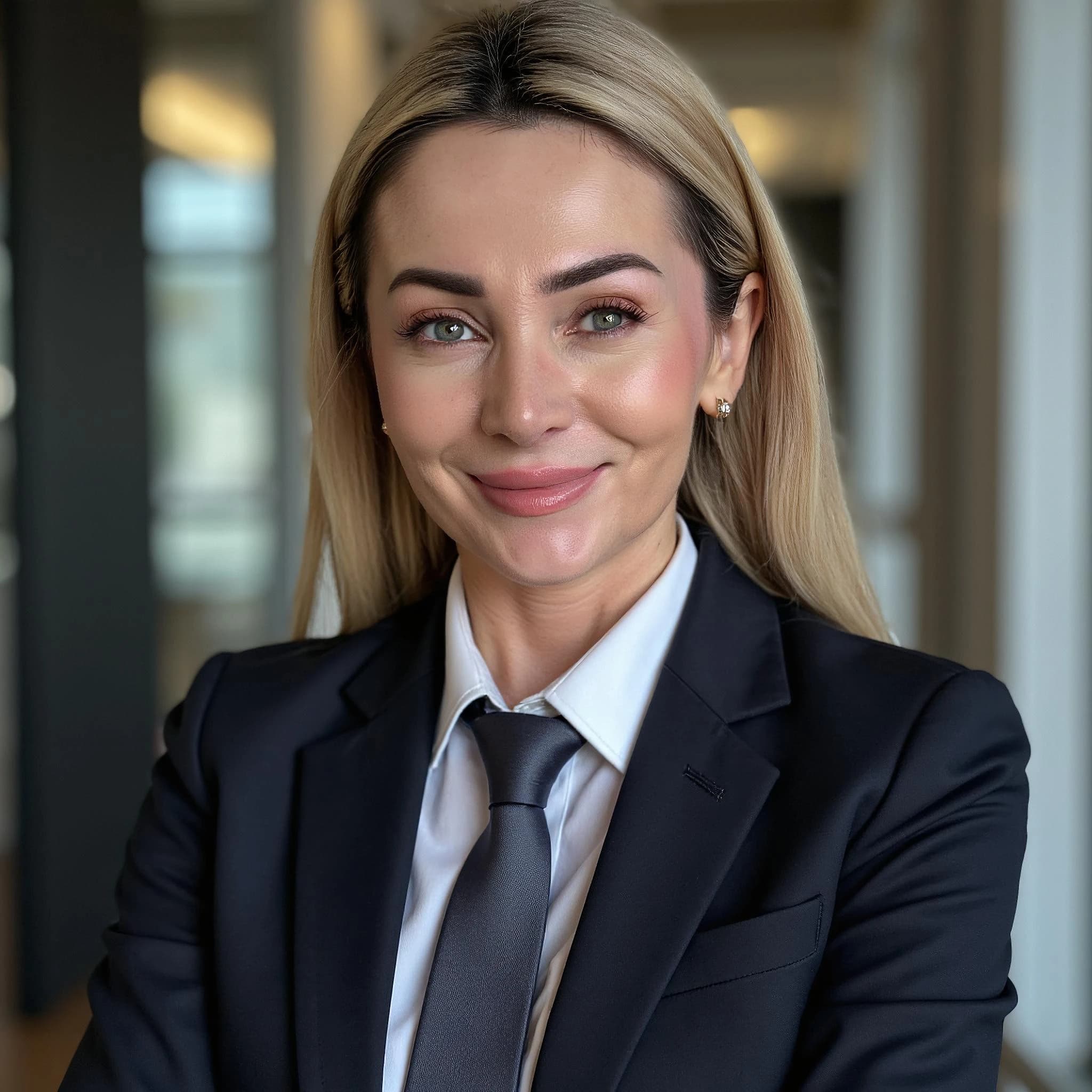 Professional headshot example: Woman Office Black Suit Smiling 14 — LinkedInHeadshots.ai